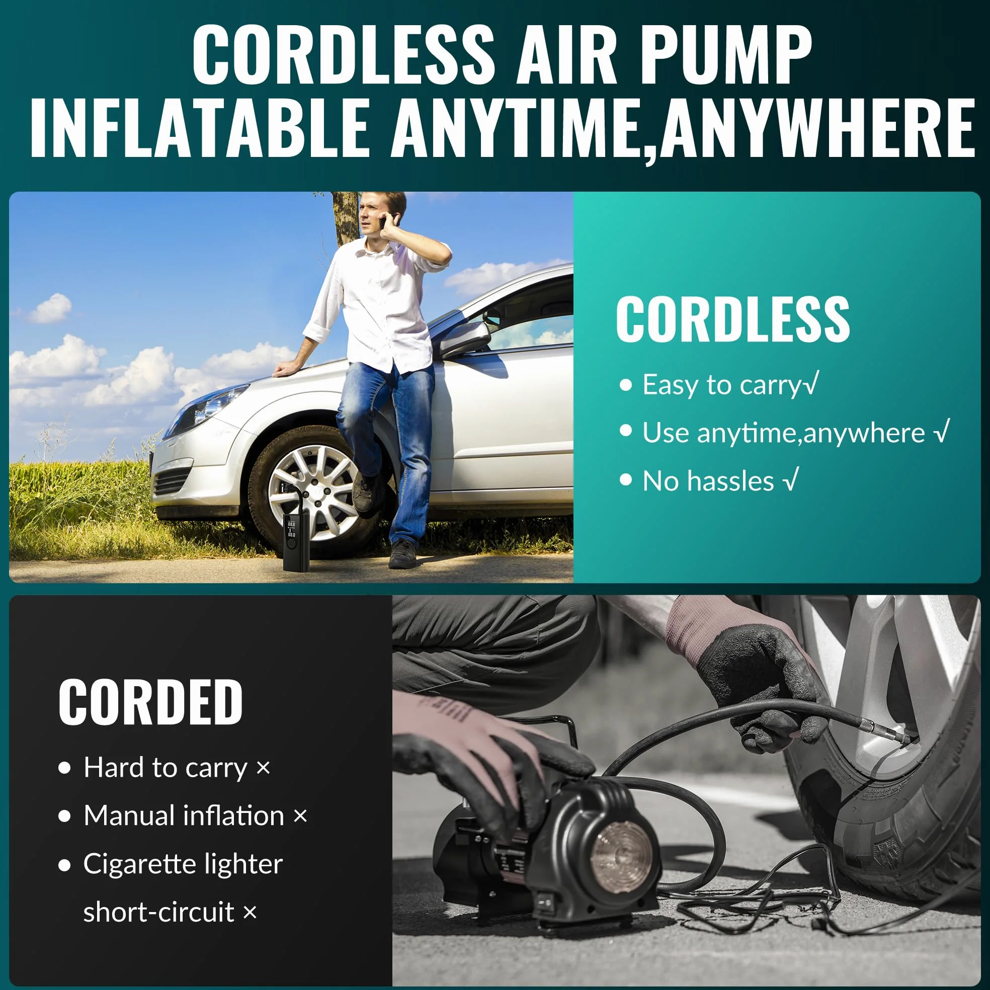 Inflador de neumáticos, compresor de aire portátil, bomba de aire para neumáticos de coche, portátil, 180 PSI, inalámbrico eléctrico, inflado rápido 3 veces, inflador de neumáticos con calibre, LED