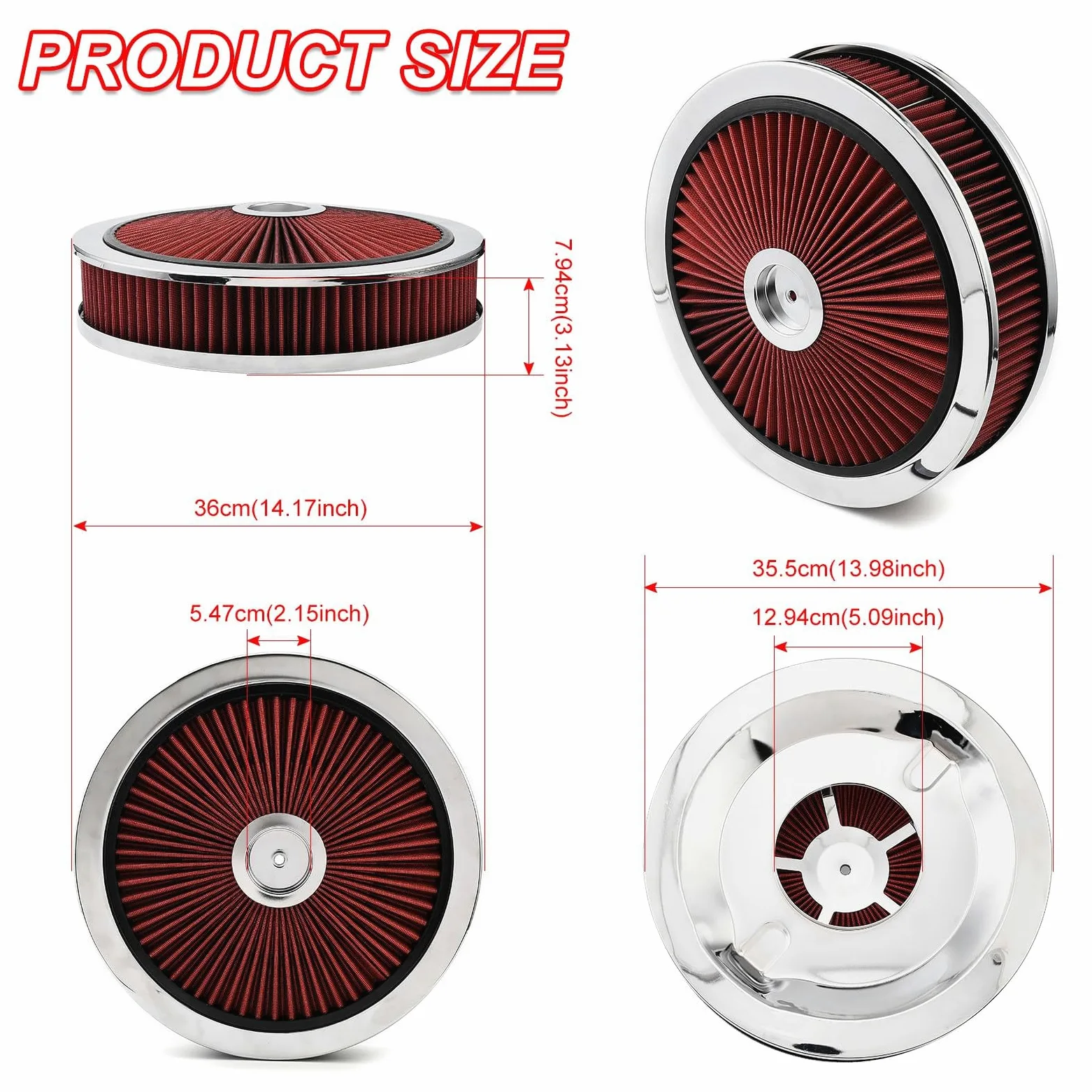 XhuangTech Filtro de admisión de aire redondo de 14 x 3 pulgadas, kit de montaje de filtro de aire de aluminio de alto flujo, rendimiento reutilizable, filtro lavable para motor de automóvil con tapa