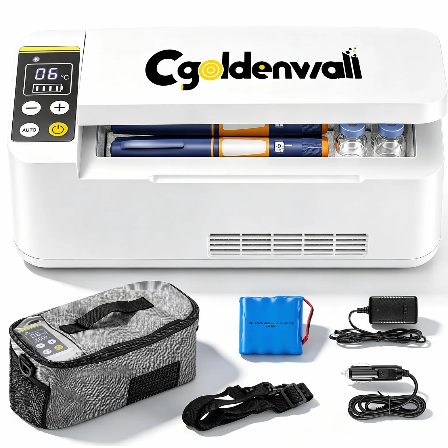 CGOLDENWALL Refrigerador de Insulina Portátil de Gran Capacidad 180 * 79 * 31mm, Nevera Medicamientos con 2-8℃ Temperatura Constante, Sistema de Alarma & Pantalla LED, para Coche, Hogar, Viaje