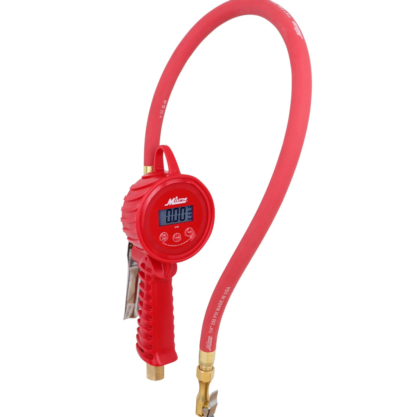 Milton 555e: Inflador digital de neumáticos de precisión, medidor de presión de aire, portabrocas de aire con cabezal de agarre, manguera de 20 pulgadas, Npt de 1/4 pulgadas, con precisión extrema ±