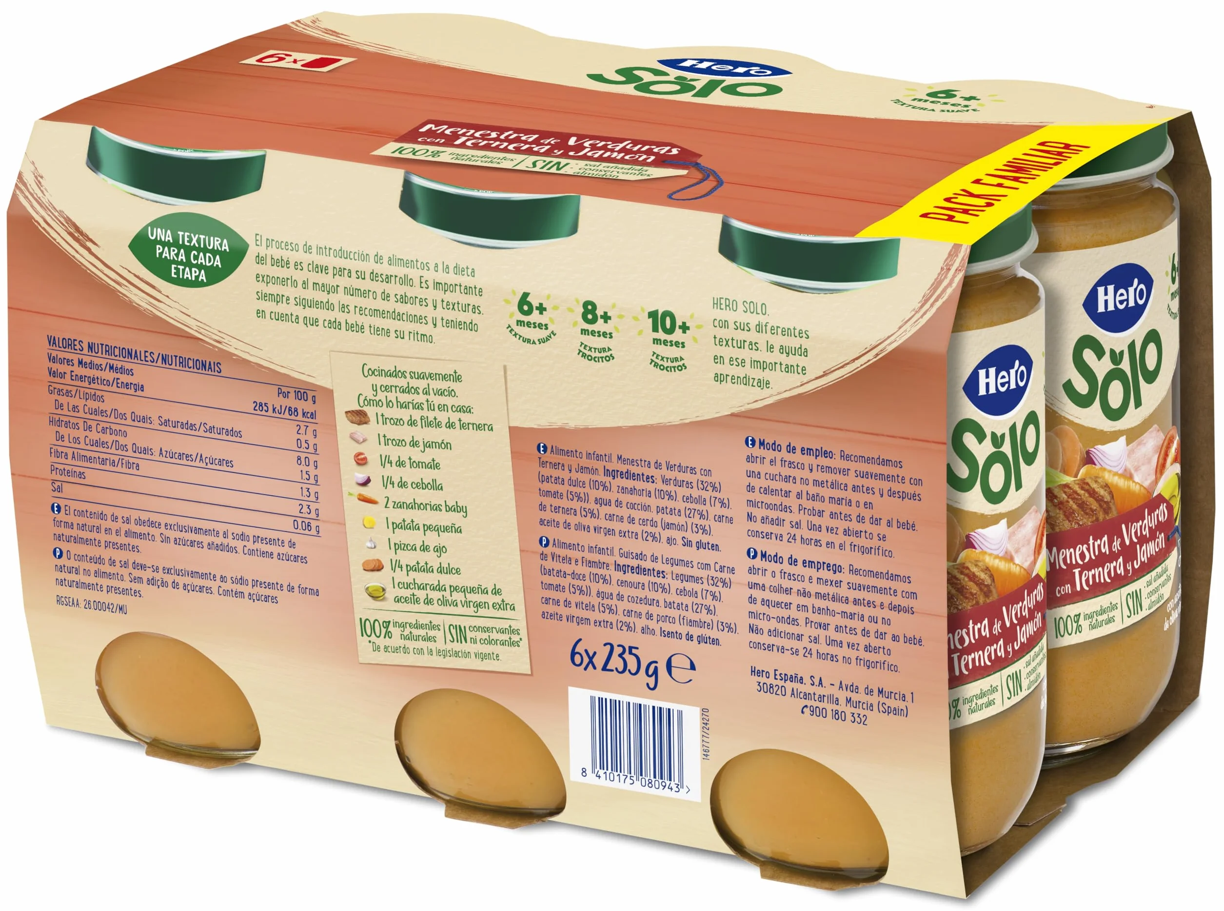 Hero Solo Tarritos Menestra Verduras Ternera Jamón Sin Sal Añadida 6 x 235 g Bebés 6 Meses