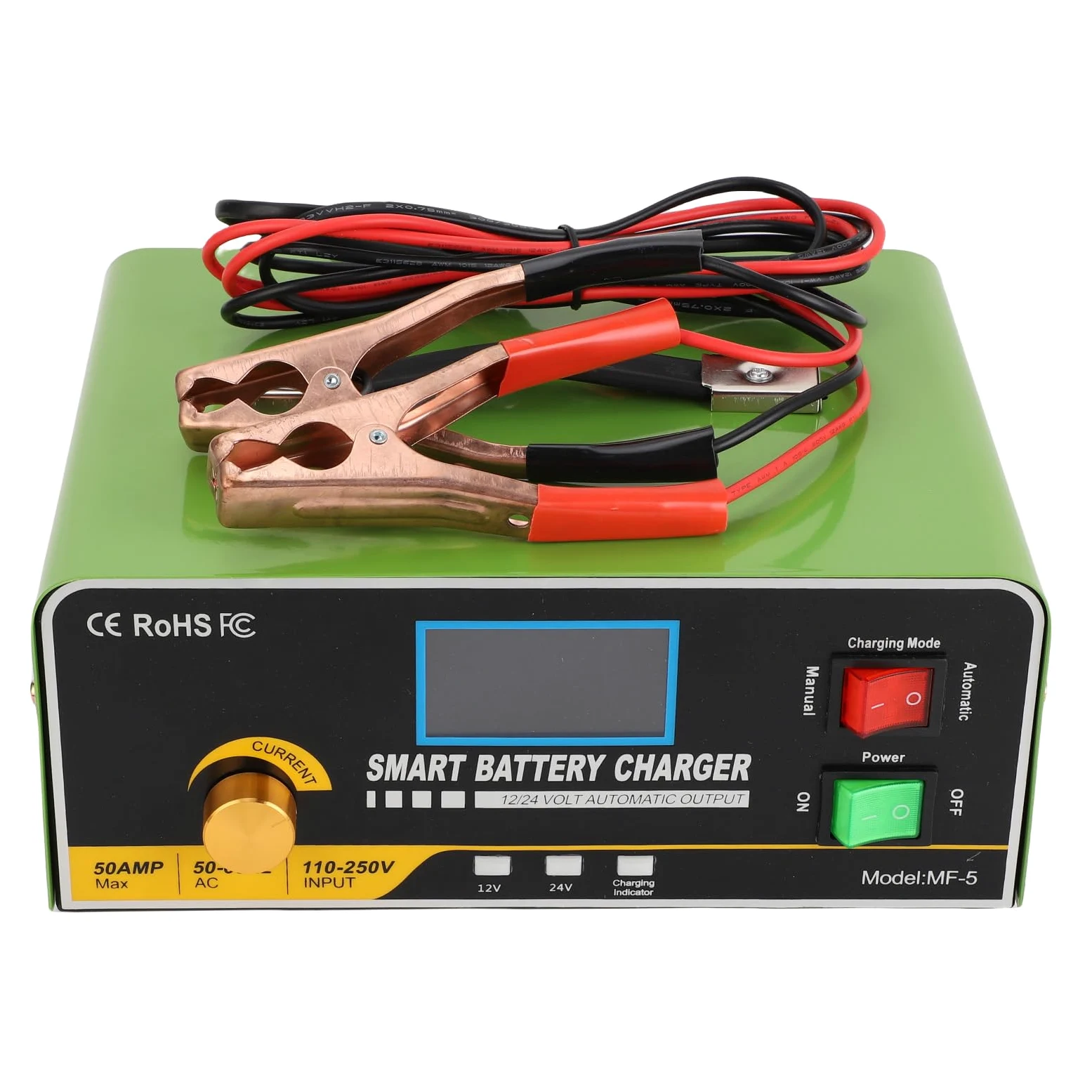 Garosa 50A 12V/24V Cargador de Batería Inteligente Motor de Arranque y Mantenedor para Automóviles Camiones RVs Marine con Carga Automática Indicador LED sobre (Enchufe de la UE)