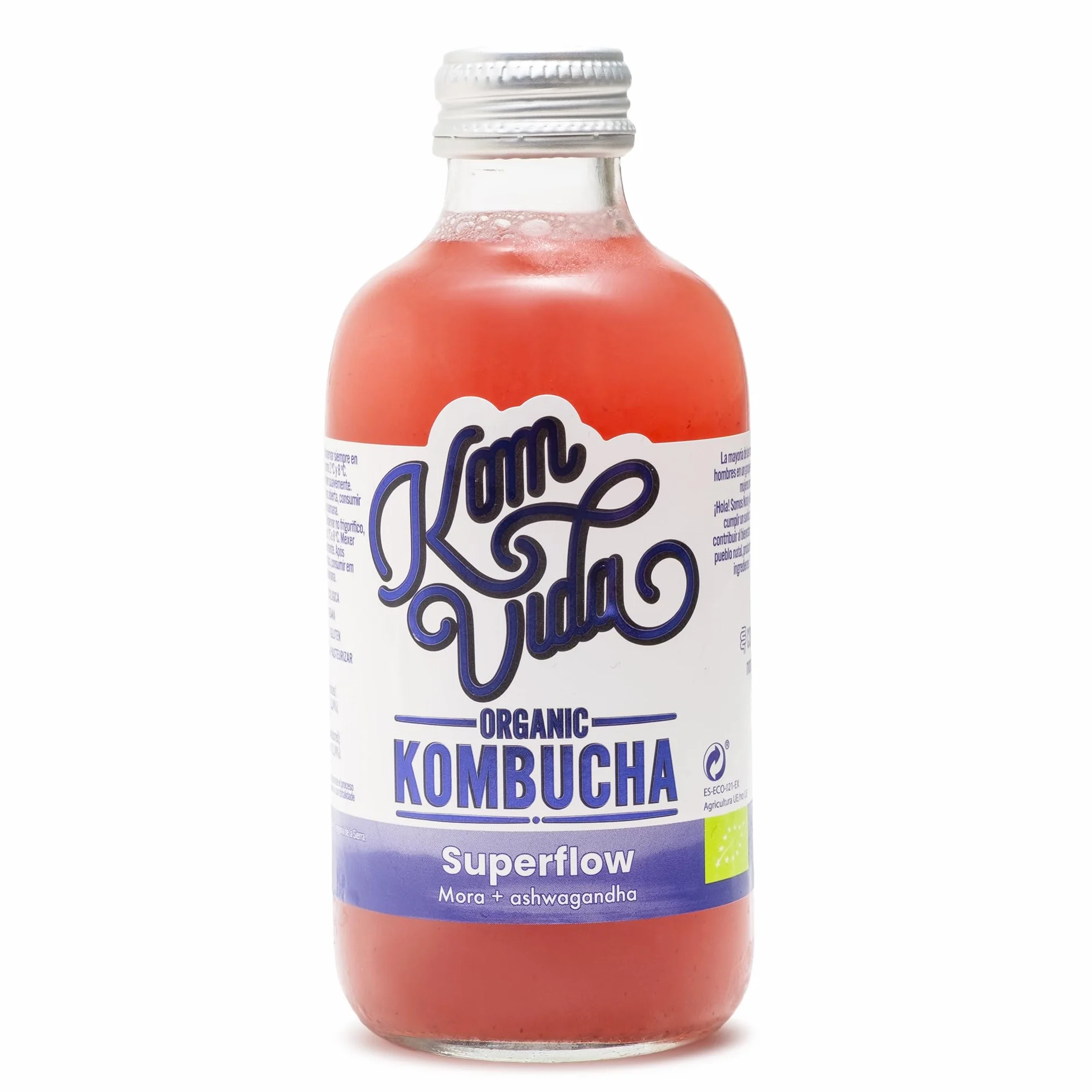 Kombucha Komvida Superflow Ecológica Té fermentado Ashwagandha Mora Probióticos Naturales Sin Azúcares 250ml