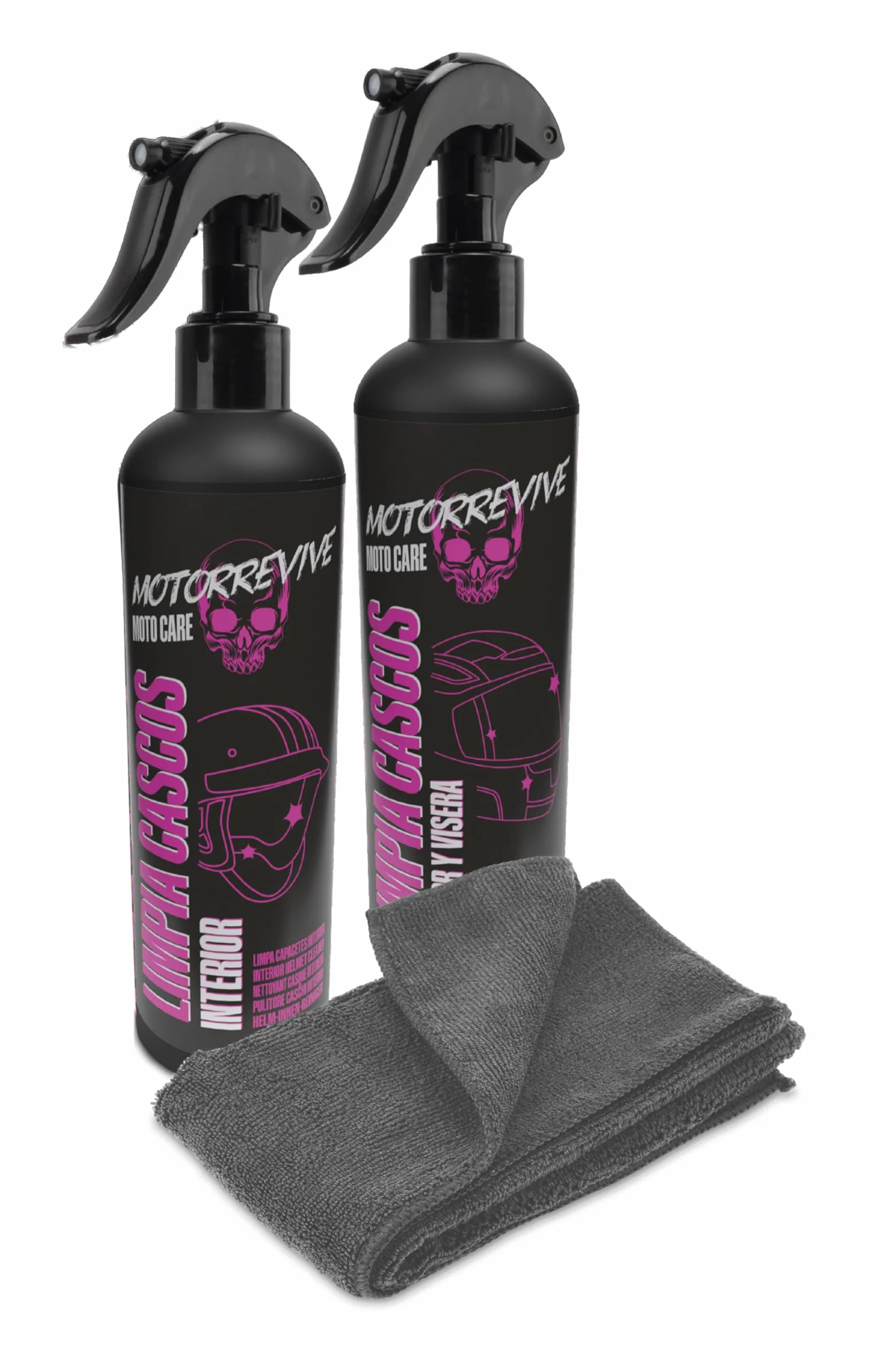 Pack Limpieza de Cascos de Moto 200 + 200 ml. Spray limpiador Interior + Exterior y Visera + Bayeta de Microfibra. Higiene Completa y Cuidado Profesional para Casco de Motocicleta