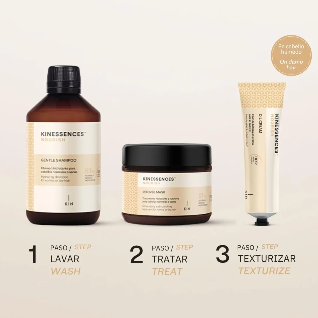 KIN Cosmetics KINESSENCES Nourish Shampoo + Intense Mask + Oil Cream Tratamiento hidratación cabellos normales secos