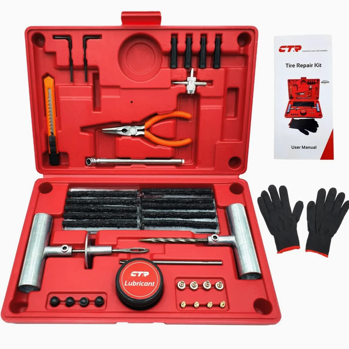 CTR Heavy Duty Tire Plug Kit - 68pcs All-in-One Universal Tire Repair Kit with Plugs, Professional Tools for Tubeless Tyre Flats for Cars, Truck, RV, SUV, ATV, Motorcycle, Tractor, Trailer - GE0001