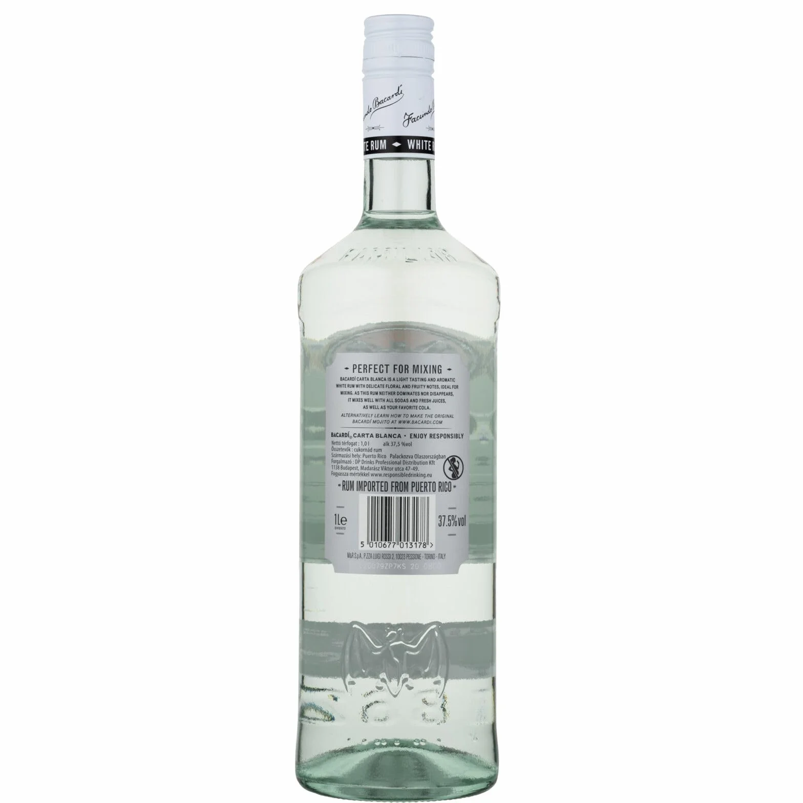 BACARDÍ Carta Blanca Ron Blanco Superior 37,5% ALC. 1 L Ron Caribeño Icónico