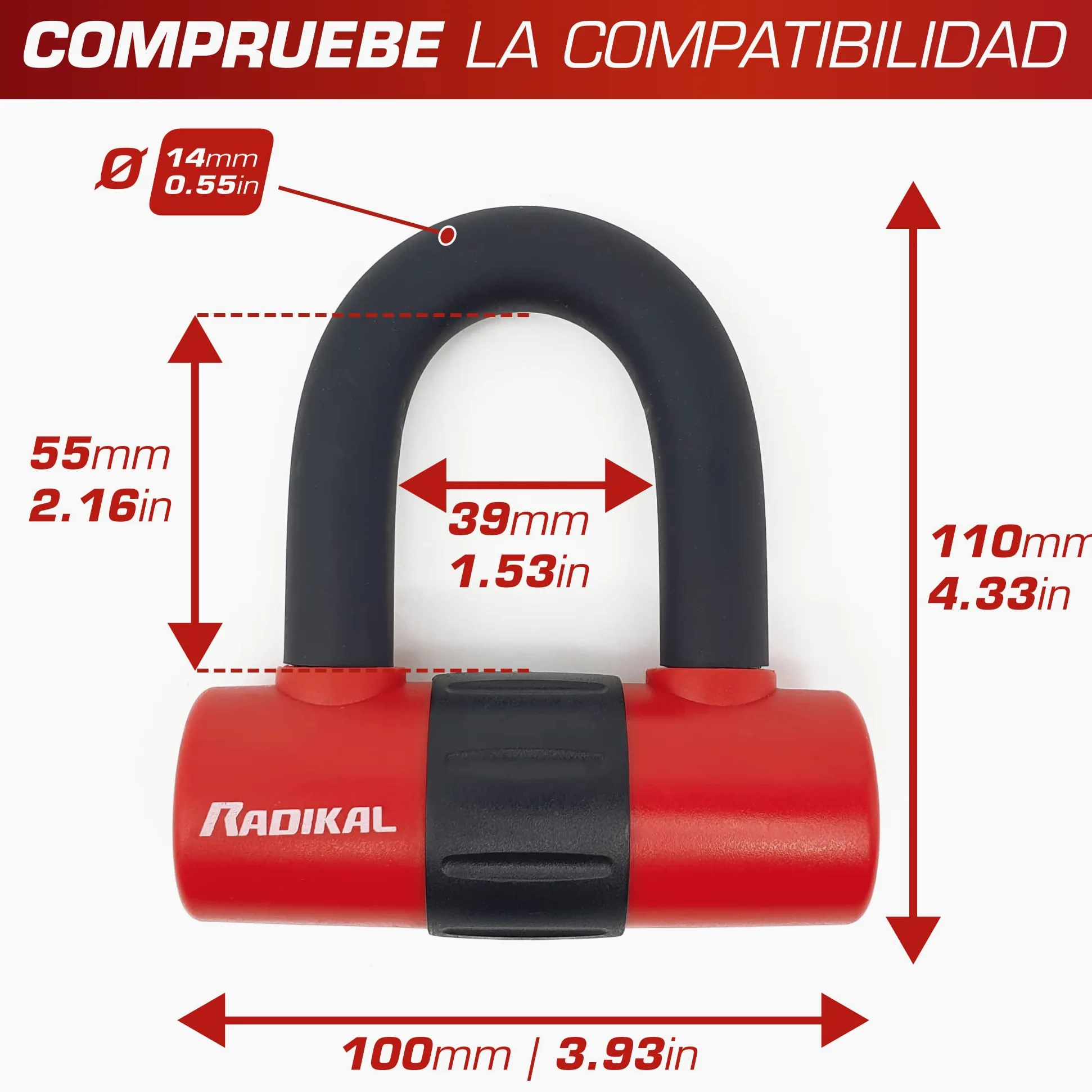 RADIKAL RK72120L Candado Antirrobo Mini U con Cadena Lazo 120 cm, Más Polivalente para Candado Moto Disco +Cable, Cerradura Alta Seguridad y Doble Cierre Antirobo Universal para Moto Scooter Bicicleta