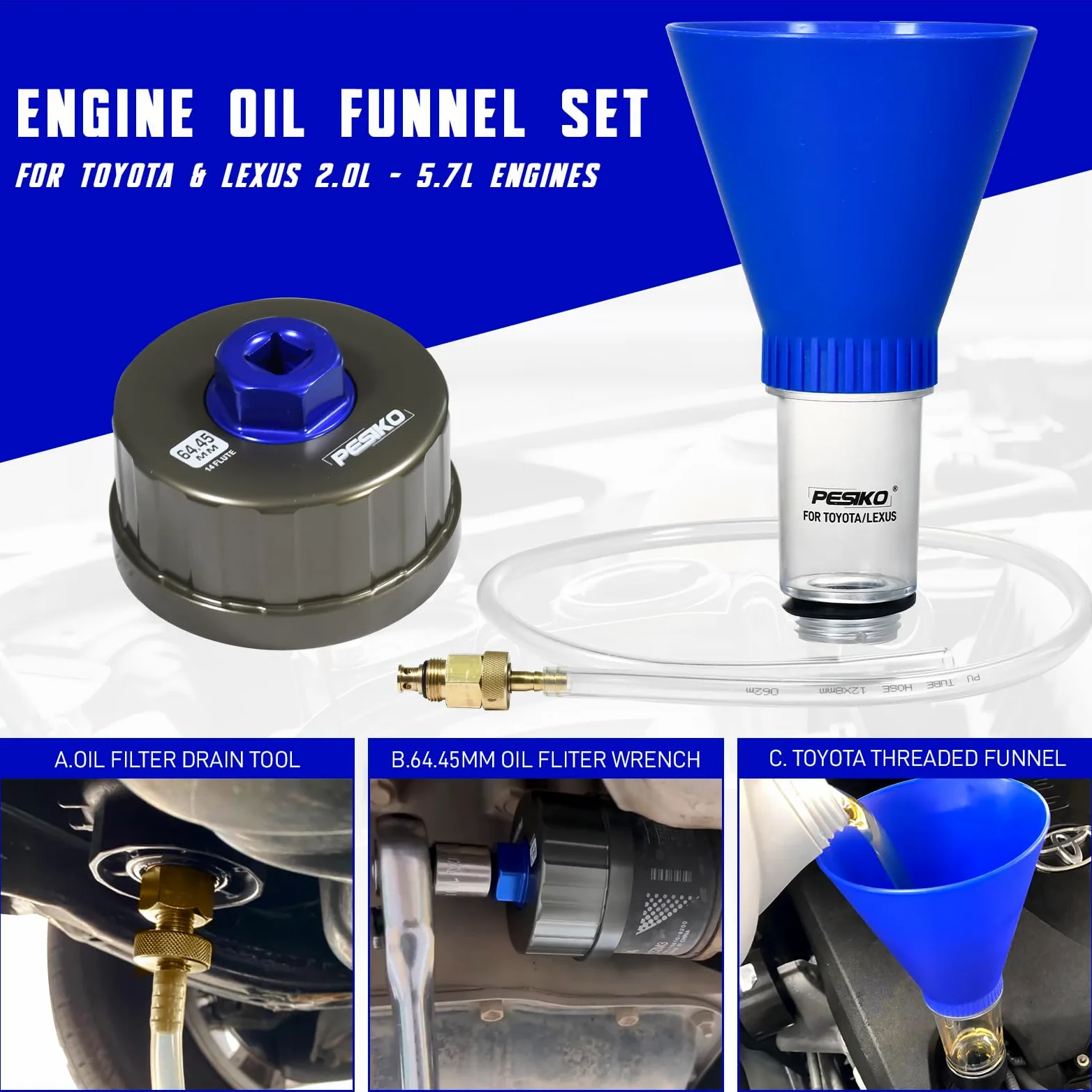Llave de filtro de aceite de 64 mm, manguera de drenaje y embudo de aceite de motor para Toyota, Lexus y Scion 2.0-5.7L herramienta de extracción de filtro de aceite estilo cartucho de motor