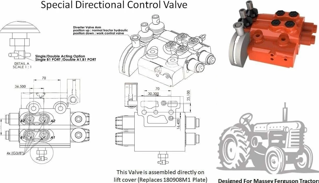 Kit de Válvula Remota Hidráulica Trasera para Massey Ferguson MF 135 150 230 231 240 245 250 253