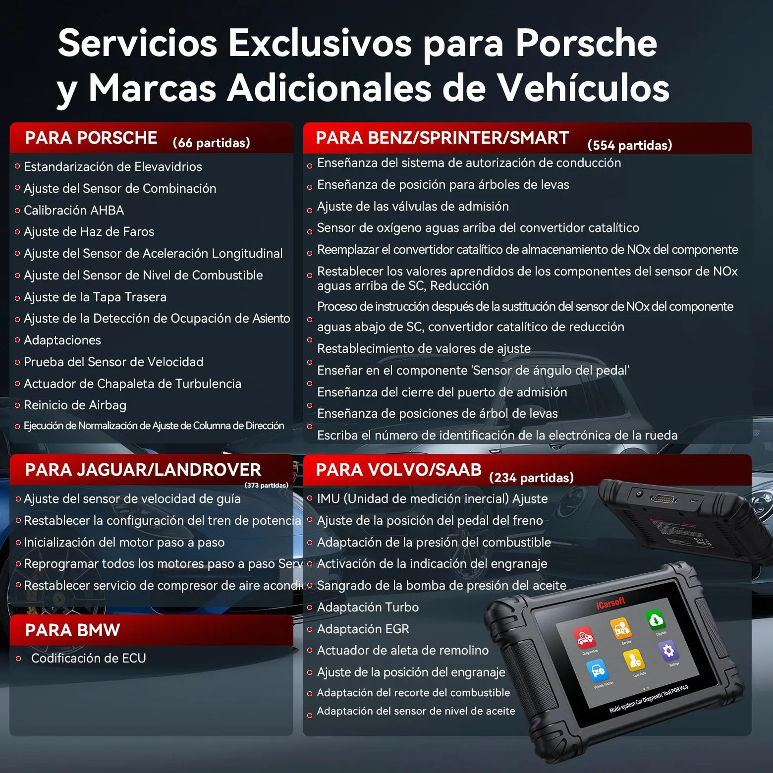 iCarsoft por V4.0 Herramienta de Diagnóstico para Porsche +2 Marcas de Vehículos Extra, Escáner OBD2 con Prueba Bidireccional/26 Servicios (177 Subservicios) +66 Servicios Extra, Registro de Batería
