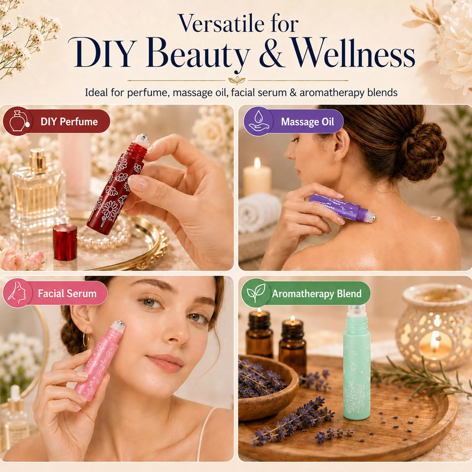 Redamancy 6 Botellas Roll On Rellenables de Cristal 10ml Set de Colores con Embudos y Abridor para Aceites Esenciales