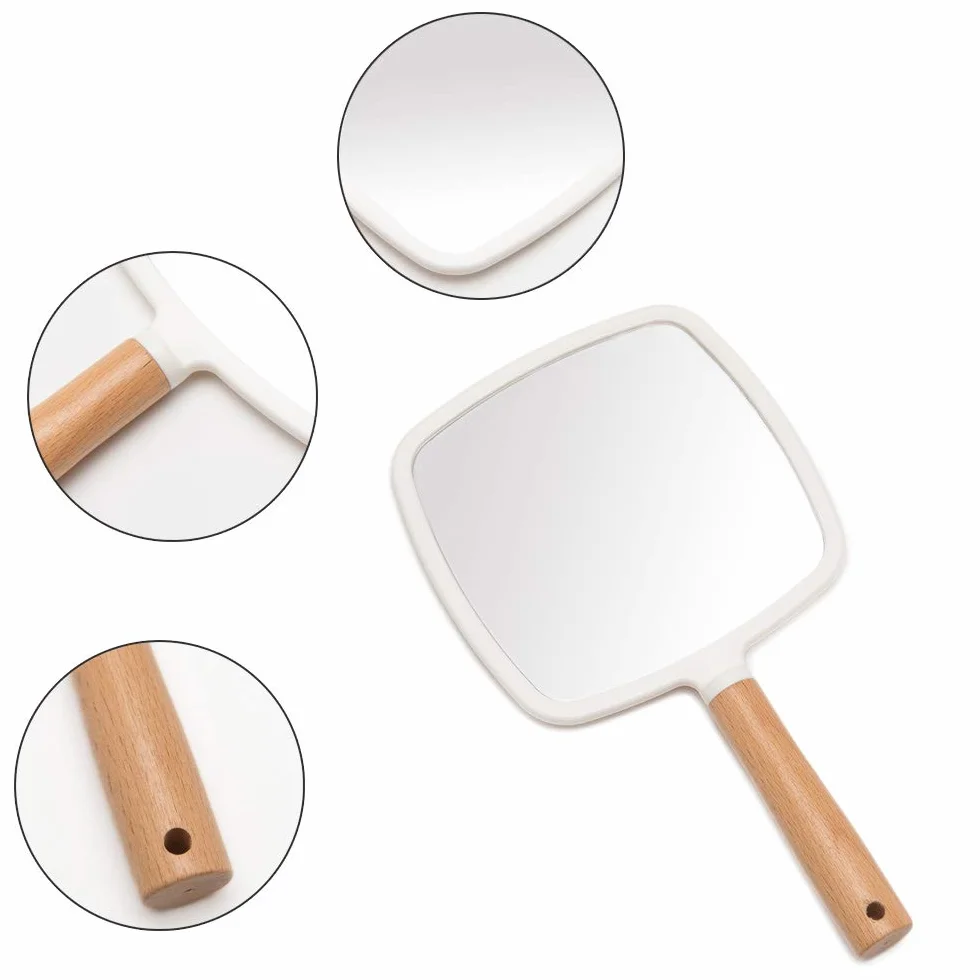 YEAKE Espejo de mano de madera para maquillaje y afeitarse con agujero para colgar, portátil de viaje