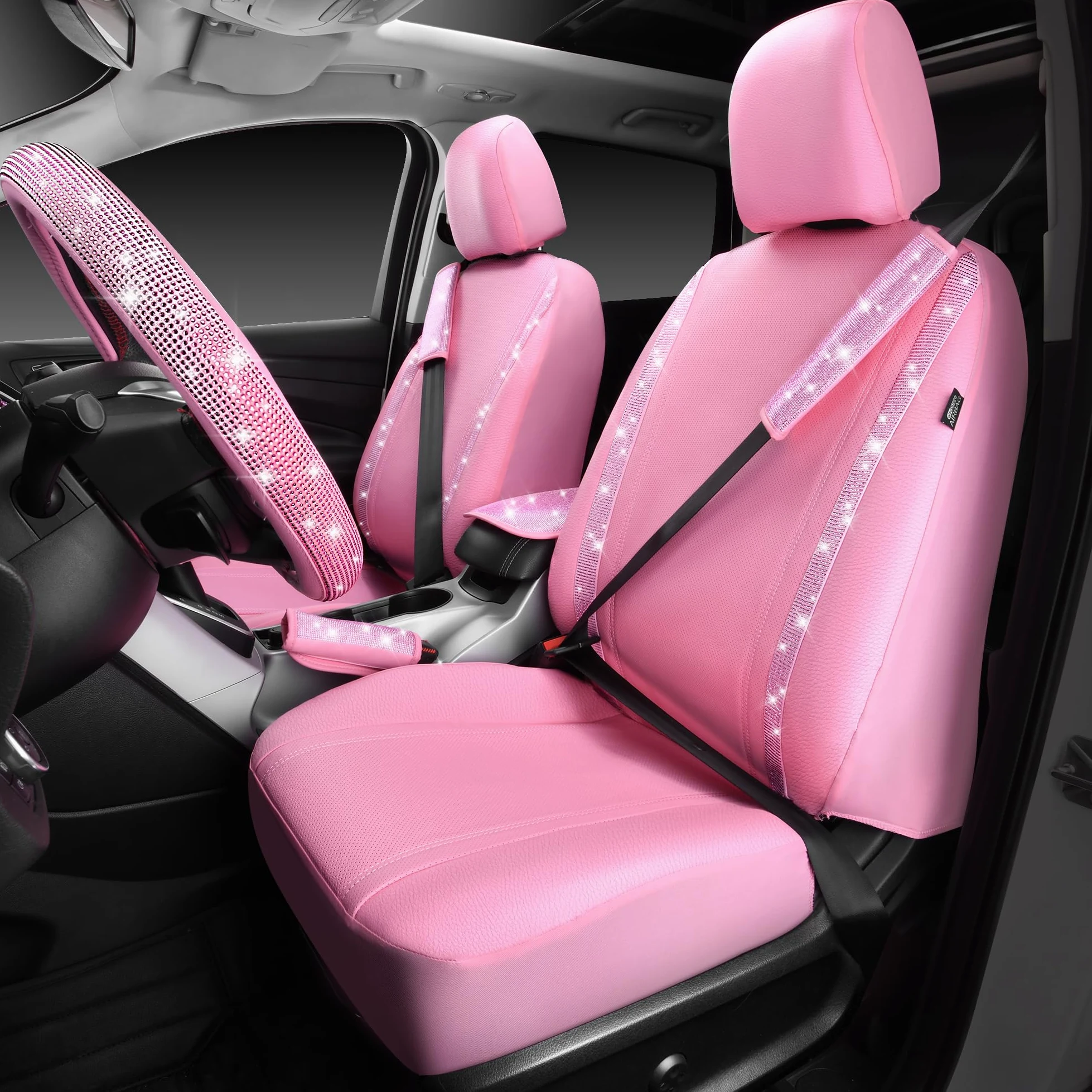 CAR PASS Juego de 24 accesorios de diamantes rosas para mujer, fundas de asiento de cuero, funda de volante de 15 pulgadas, ganchos brillantes de diamantes de imitación, posavasos, bonitas