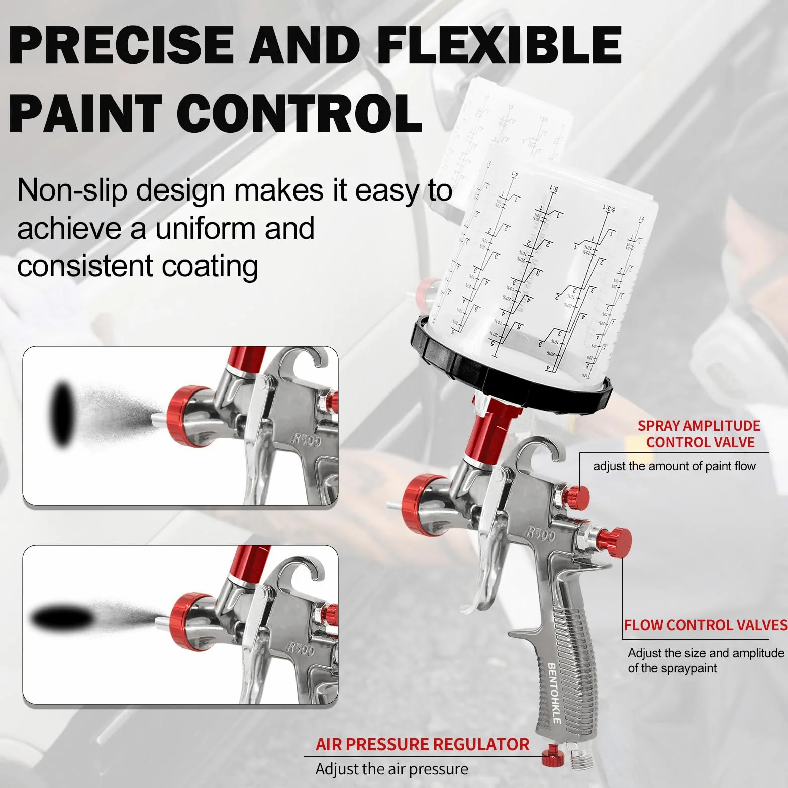 LVLP Pistola de pulverización de Aire, Pistola de pulverización con 10 Vasos Desechables de 650 ml, 3 boquillas de 1,3/1,7/2,0 mm y regulador de Aire (1,3/1,7/2,0+10 Disposable Paint Cups) | LVLP R500 Pistola de pintura automotriz para pintura de hogar, c