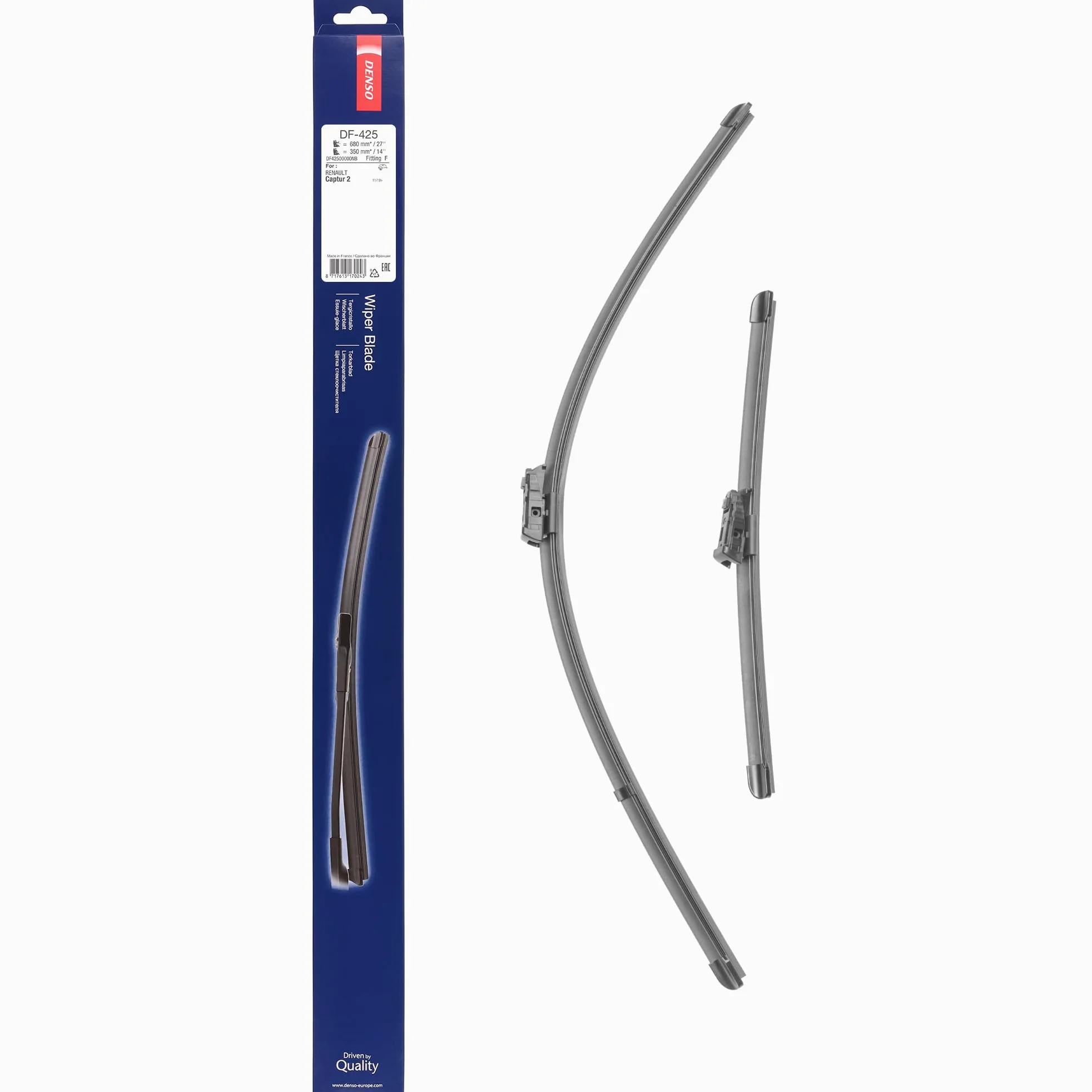 Kit de Escobillas Limpiaparabrisas Planas DENSO (DF-425), 2 Unidades 680/350mm – Vehículos con volante a izquierda – Silenciosas y Duraderas con Diseño Aerodinámico – Escobillas Limpiaparabrisas OEM