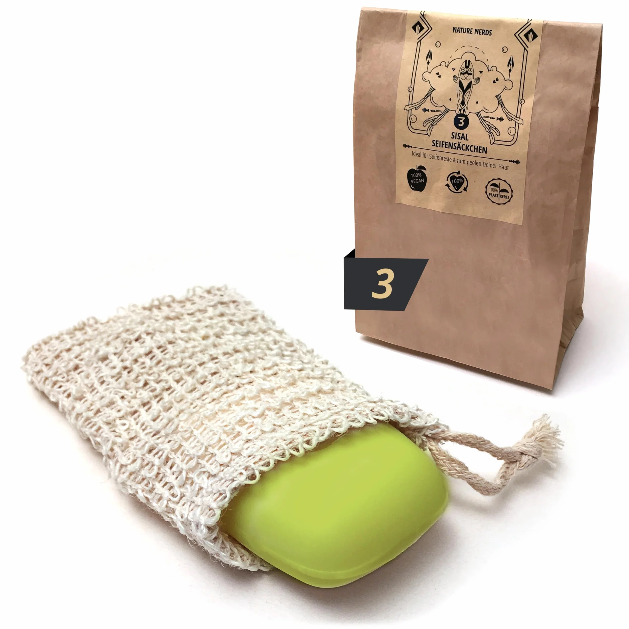 Bolsas de jabón de sisal Juego de 3 – Red de jabón libres de plástico