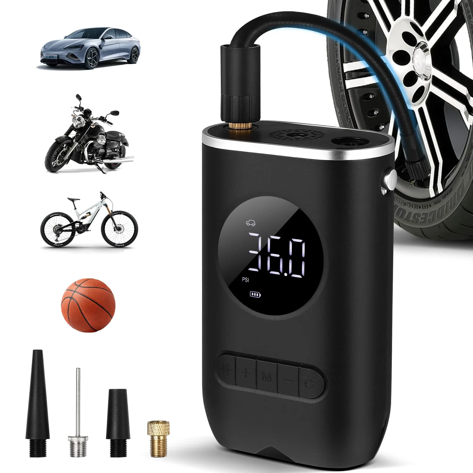 Inflador de Neumáticos Portátil para Coche Inalámbrico Digital Negro | 4000mah, 7.4v y 70w, Pantalla LED de Alta Precisión, Boquillas Incluidas y Cable de Alimentación