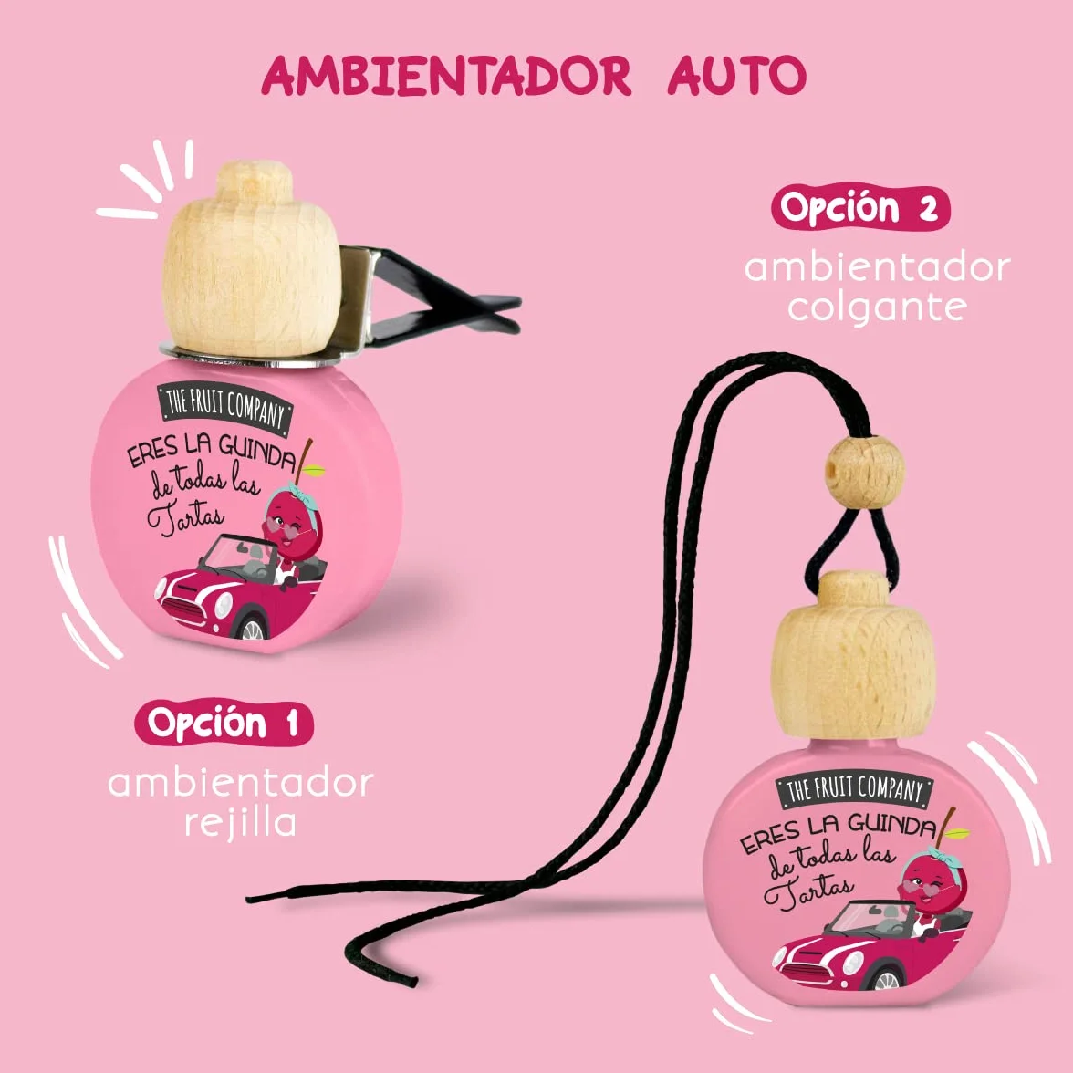 Pack de 3 Ambientadores Coche 2en1 The Fruit Company | Aroma Frutal, Absorbe Olores, Sin Alcohol, Extractos Naturales | Rejilla o Colgante | Larga Duración +45 Días (CEREZA)