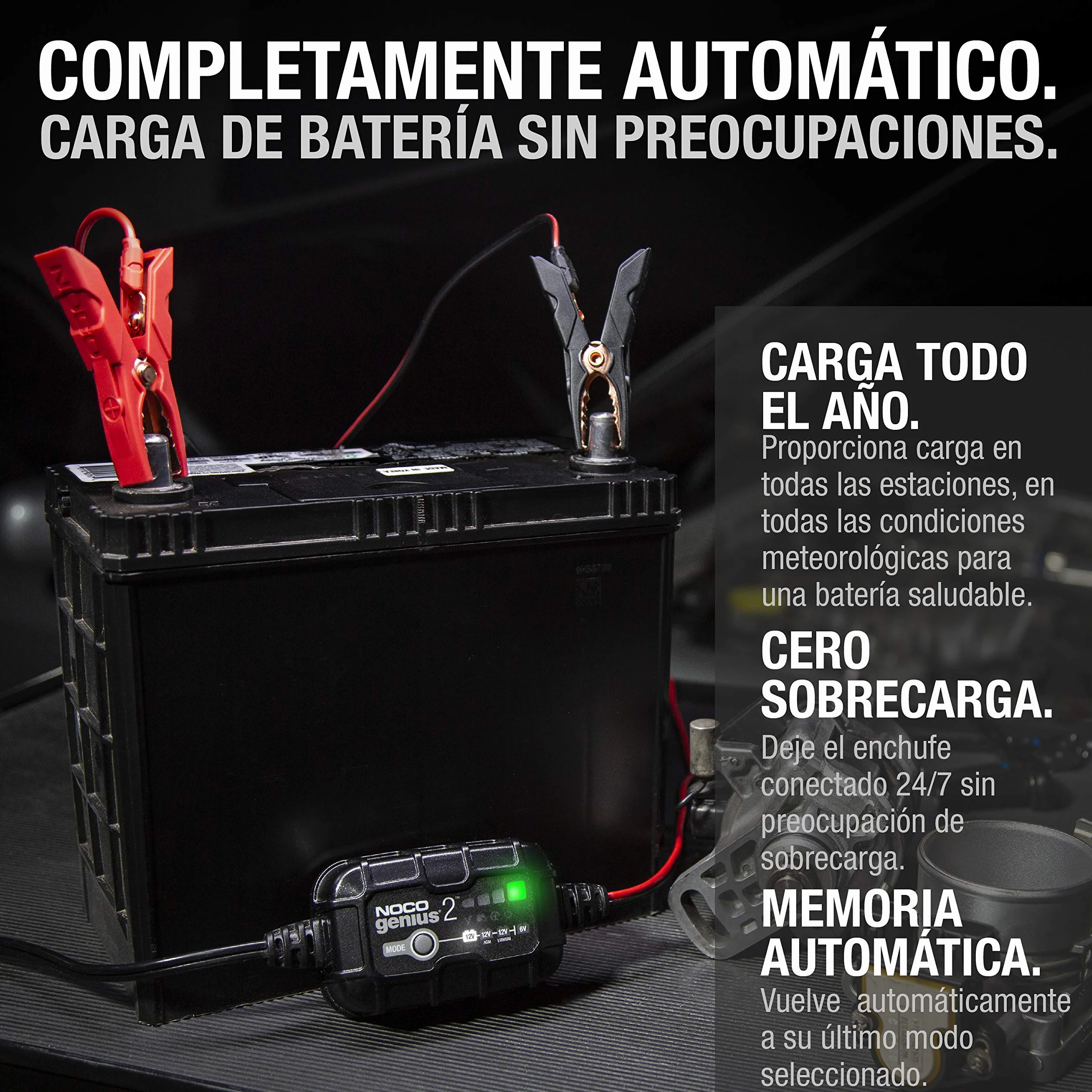 NOCO GENIUS2: Cargador Inteligente de baterías 2A 6V/12V – Mantenedor automático y desulfatador – Protección contra sobrecarga y compensación térmica – para baterías de Plomo y Litio