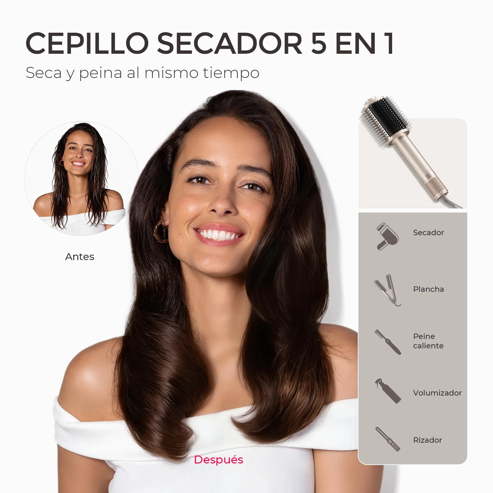 TYMO Cepillo Secador de Pelo 5 en 1, Cepillo Ligero de Aire Caliente con Motor Turbo, Secado Rápido y Suave, Alisar, Rizar, Crear Volumen