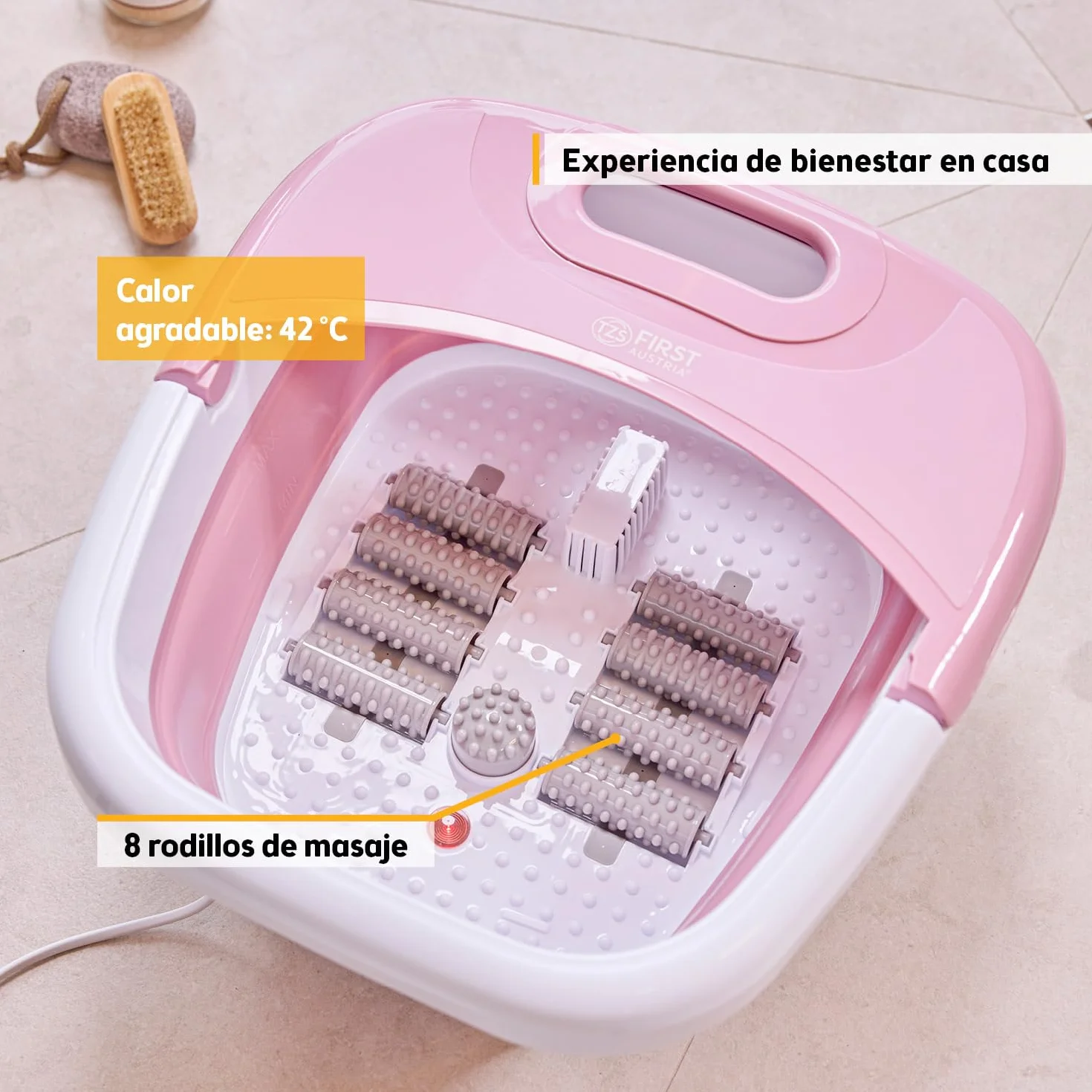 TZS First Austria Hidromasajeador plantar plegable 450W 3 accesorios 8 rodillos de masaje Pediluvio eléctrico vibración burbujas infrarrojos calefacción
