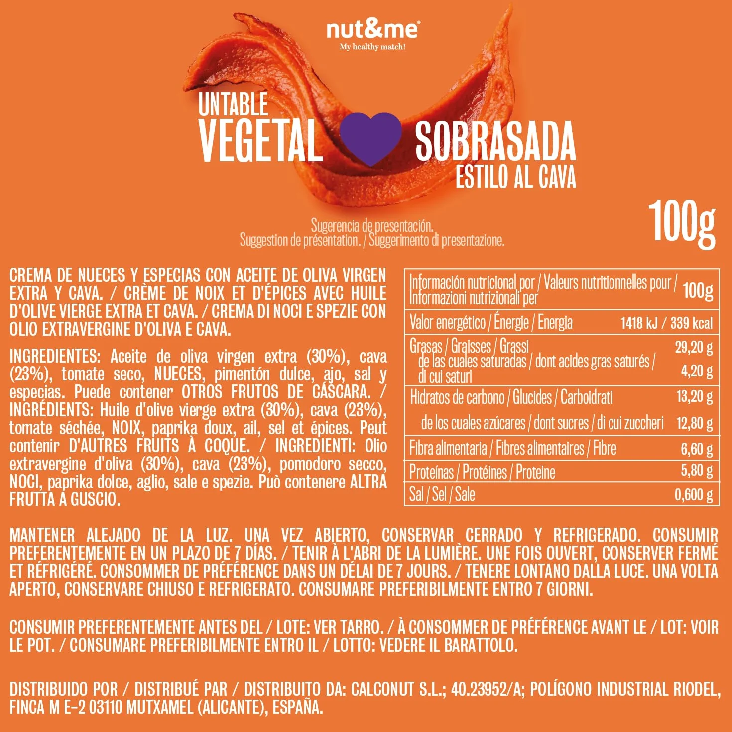 Nut&me Paté Vegetal Estilo Sobrasada al Cava 200g Vegano Alto en Fibra Sin Gluten Sin Lactosa Pack 2x100g