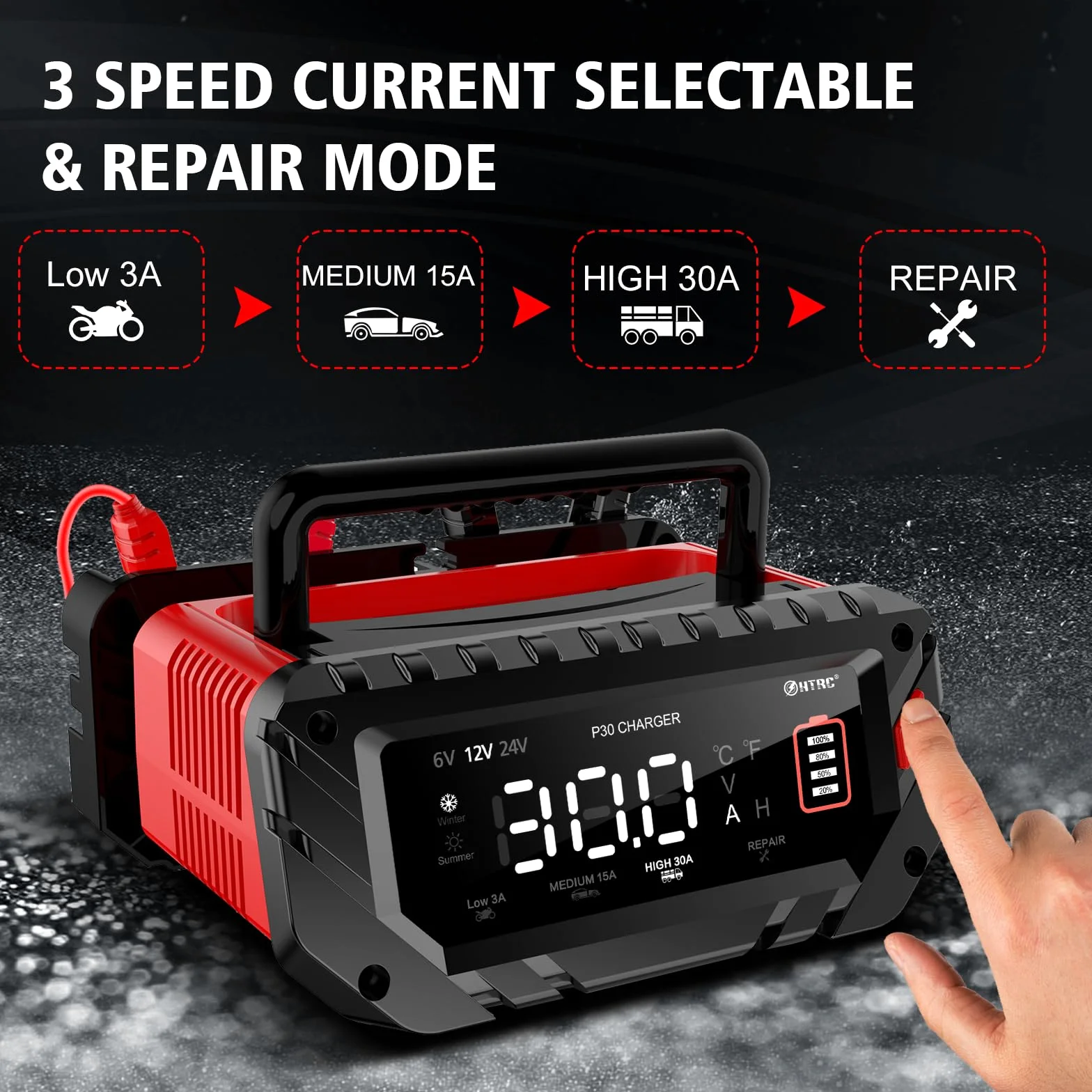 P30 Autobatterieladegerät 6V 12V 24V, intelligentes Schnelladen für Autos eignet Sich für Lithiion LiFePO4 Bleisäure (AGM, Gel, EFB, etc.), Autos, Schiffe, Rasenmäher und andere Batterietriebe.