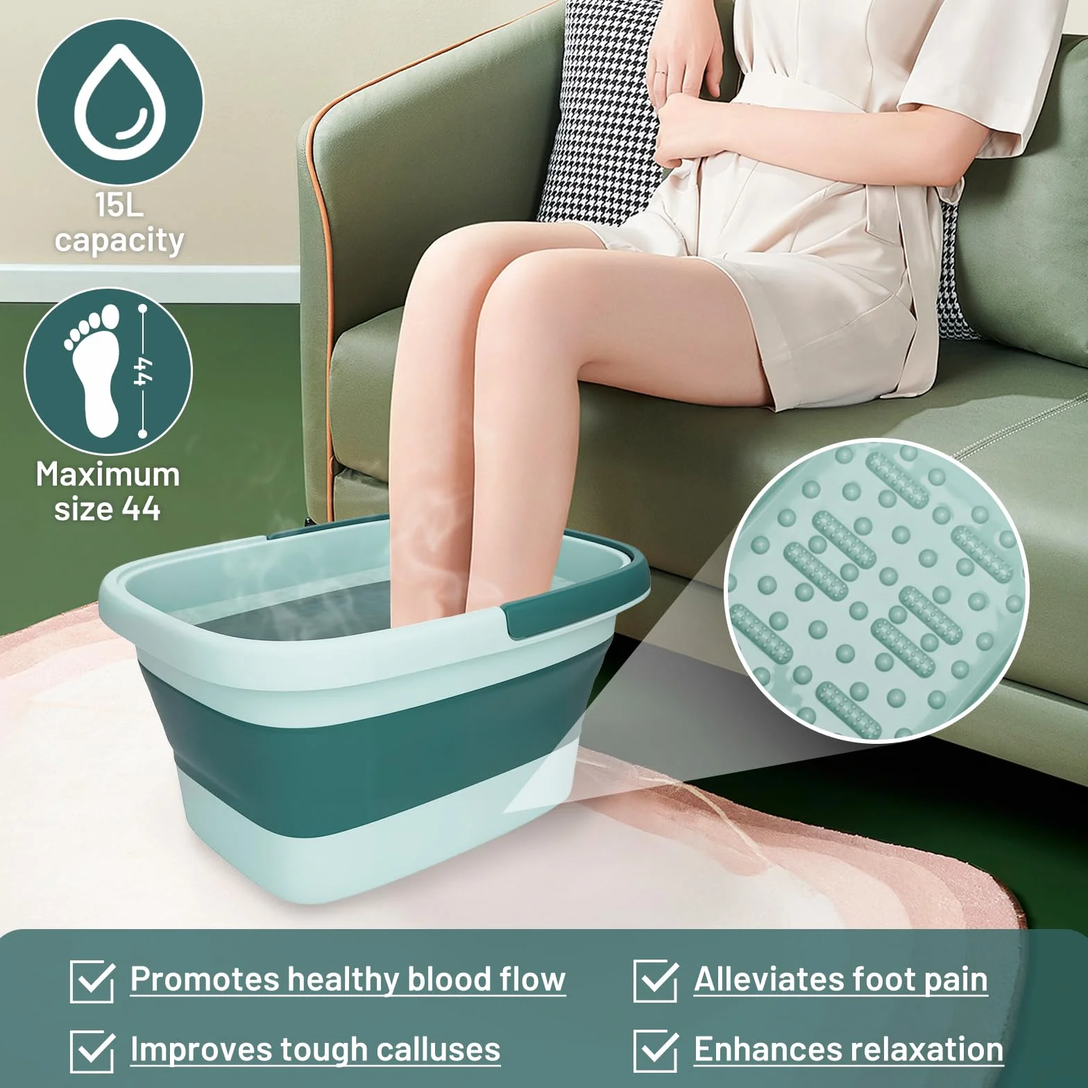 Tina de baño de pies plegable 15L con asa y rodillos de masaje SPA hidromasaje ergonómica verde claro