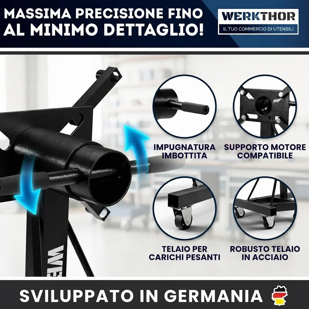 WERKTHOR Soporte de motor para coche, 900 kg, profesional, para camiones y V8, soporte de motor giratorio 360°, carga pesada, caballete negro XXL estable, soporte de montaje para diésel y bloque