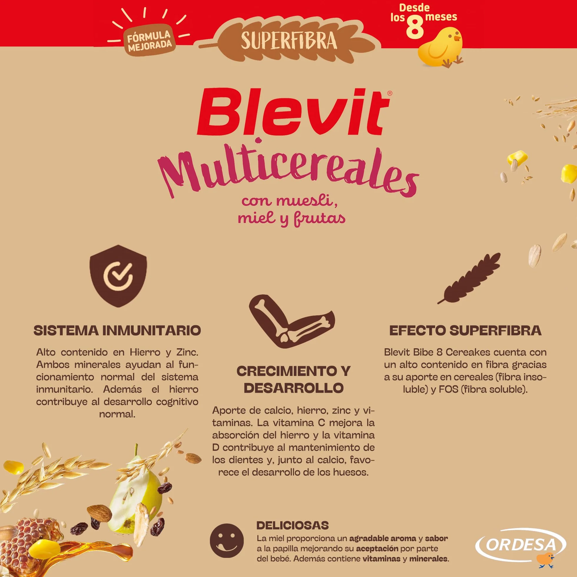 Blevit Superfibra Multicereales Papilla 8 Cereales con Muesli, Miel y Fruta 500g para Bebé 8 Meses