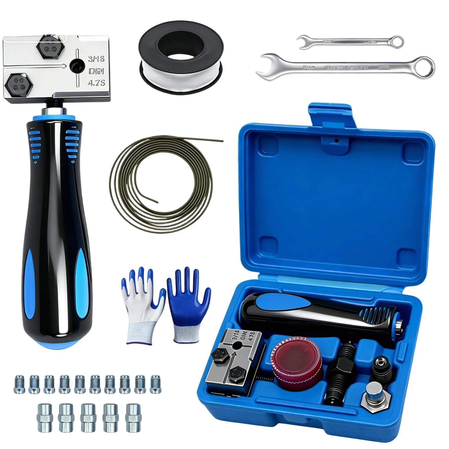 Herramienta de Rebordeo para líneas de Freno DIN con Cable de Freno de 4,75 mm, 5 Conexiones+Cinta de Sellado PTFE, Llave y Guantes para Sistemas de Frenos hidráulicos de vehículos