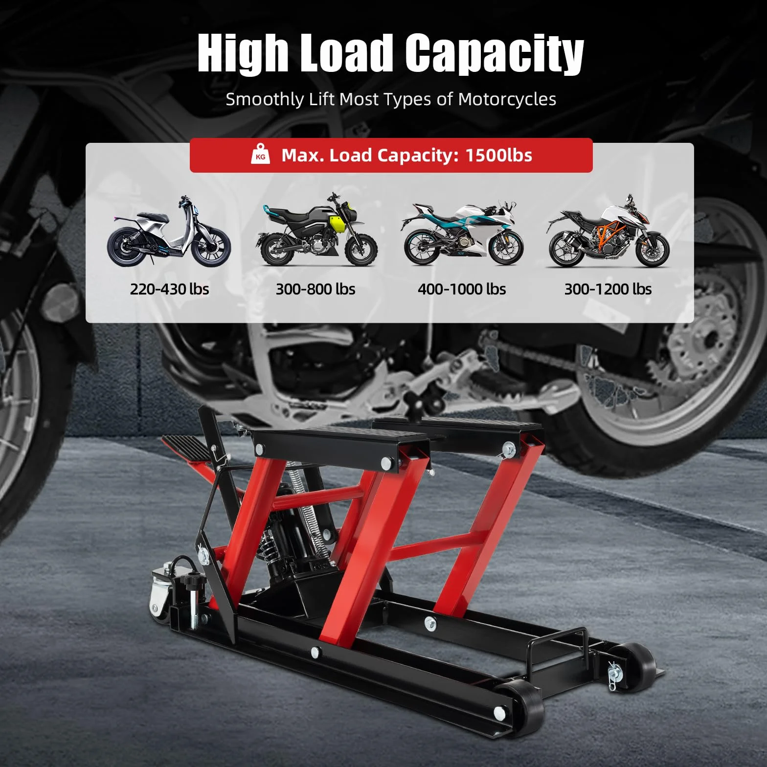 MINRS Plataforma elevadora de motocicleta, hidráulica de hasta 680 kg, elevación hidráulica de motocicleta de 115 a 375 mm, rango de elevación, hidráulico ATV, motocicleta, soporte de montaje