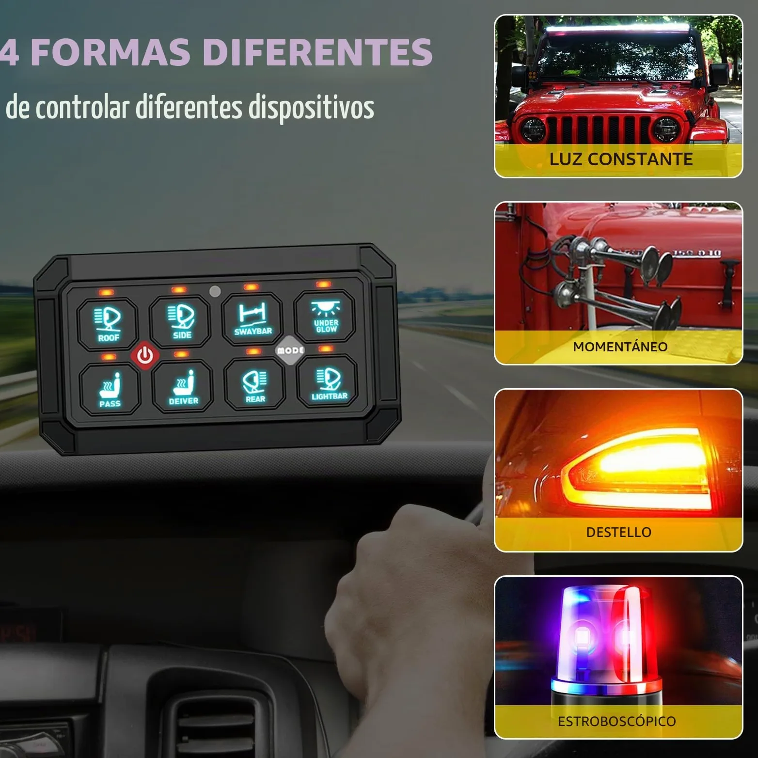 Panel de interruptor de 8 marchas, sistema de relé de circuito universal | conmutación inteligente y LED regulable, panel táctil RGB de siete colores para coche
