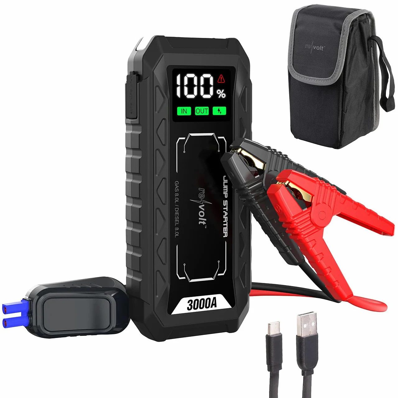 revolt Arrancador de batería y powerbank 3 en 1 PB-815.kfz, 20 Ah, 3000 A, USB-C PD 60 W, LED