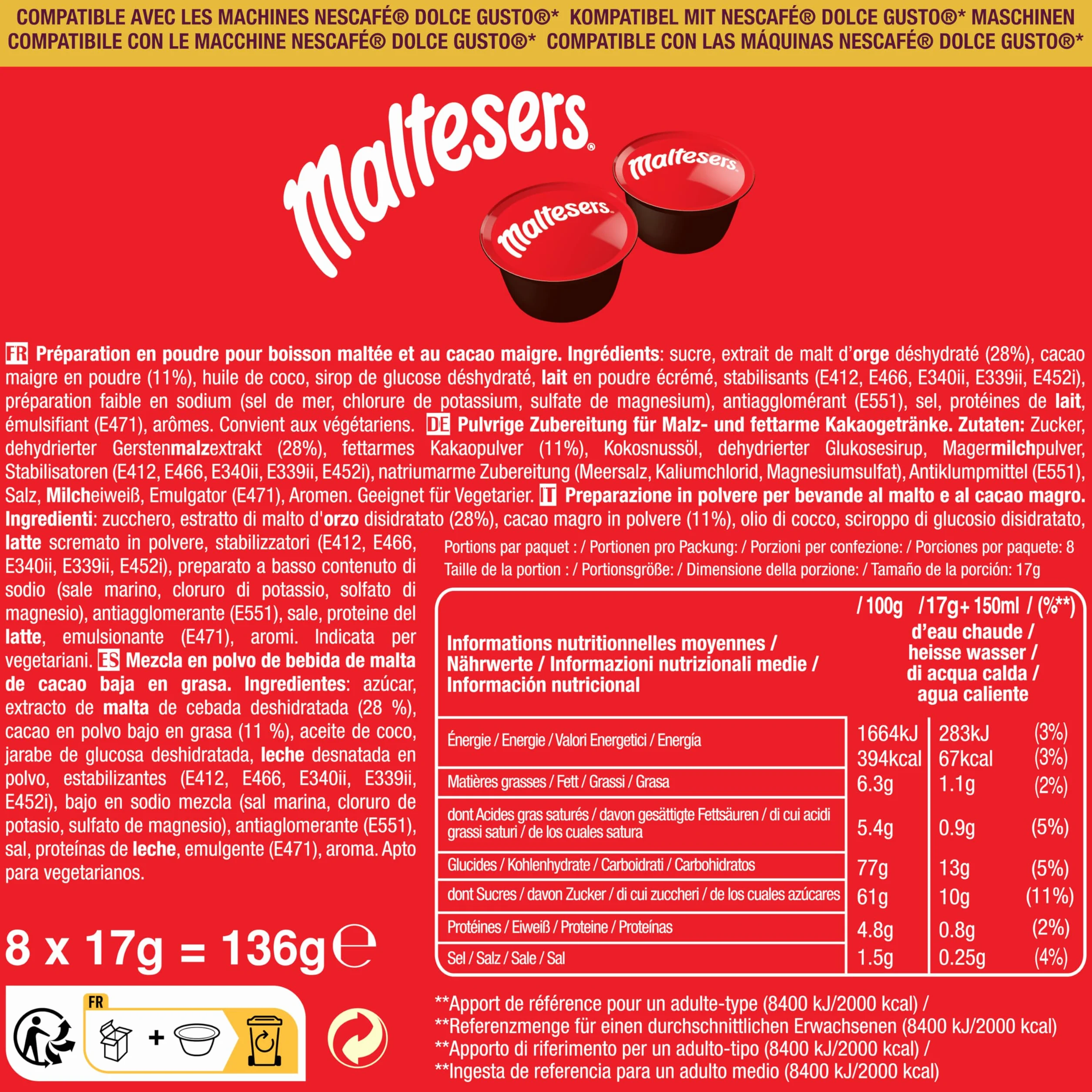 Cápsulas de Chocolate Caliente Compatibles Dolce Gusto Mars Twix Milkyway 24 Unidades