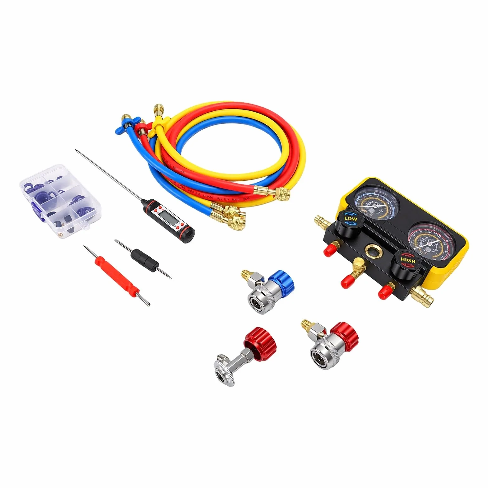Tbest Juego de Manómetros de Colector HVAC R134A Kit de Manguera y Manómetro de Diagnóstico de Aire Acondicionado con Accesorios de Conexión Rápida para Carga de Refrigerante, Vacío y