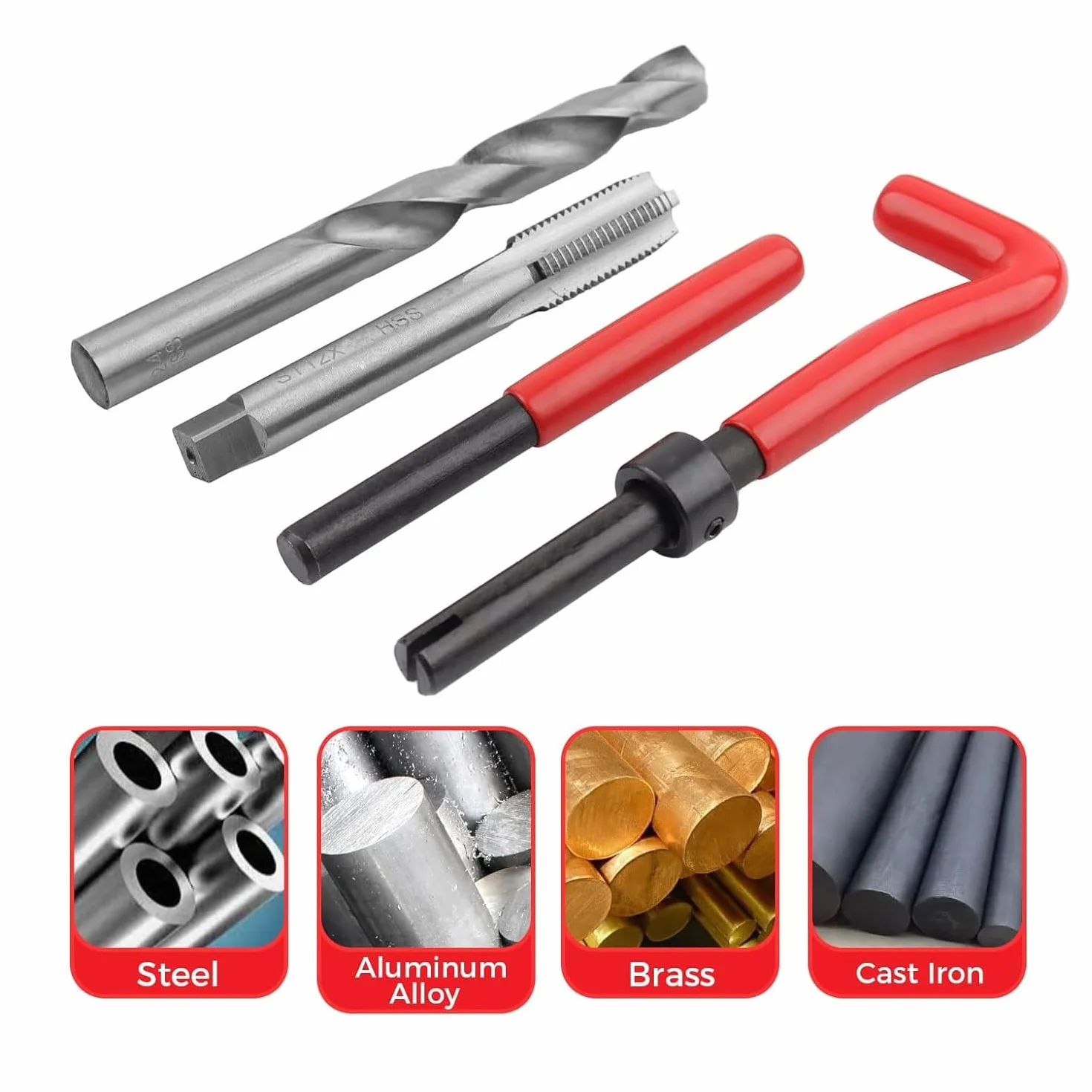 Kit de reparación de rosca helicoil, 131 piezas, métrico M5 M6 M8 M10 M12 con herramienta de reparación de inserción de rosca de taladro HSS