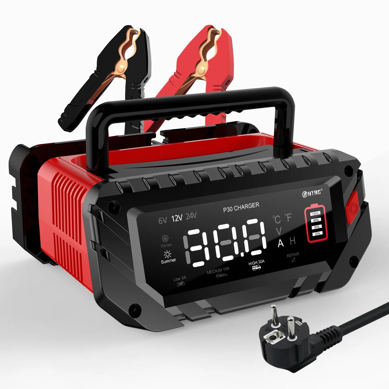 P30 Autobatterieladegerät 6V 12V 24V, intelligentes Schnelladen für Autos eignet Sich für Lithiion LiFePO4 Bleisäure (AGM, Gel, EFB, etc.), Autos, Schiffe, Rasenmäher und andere Batterietriebe.