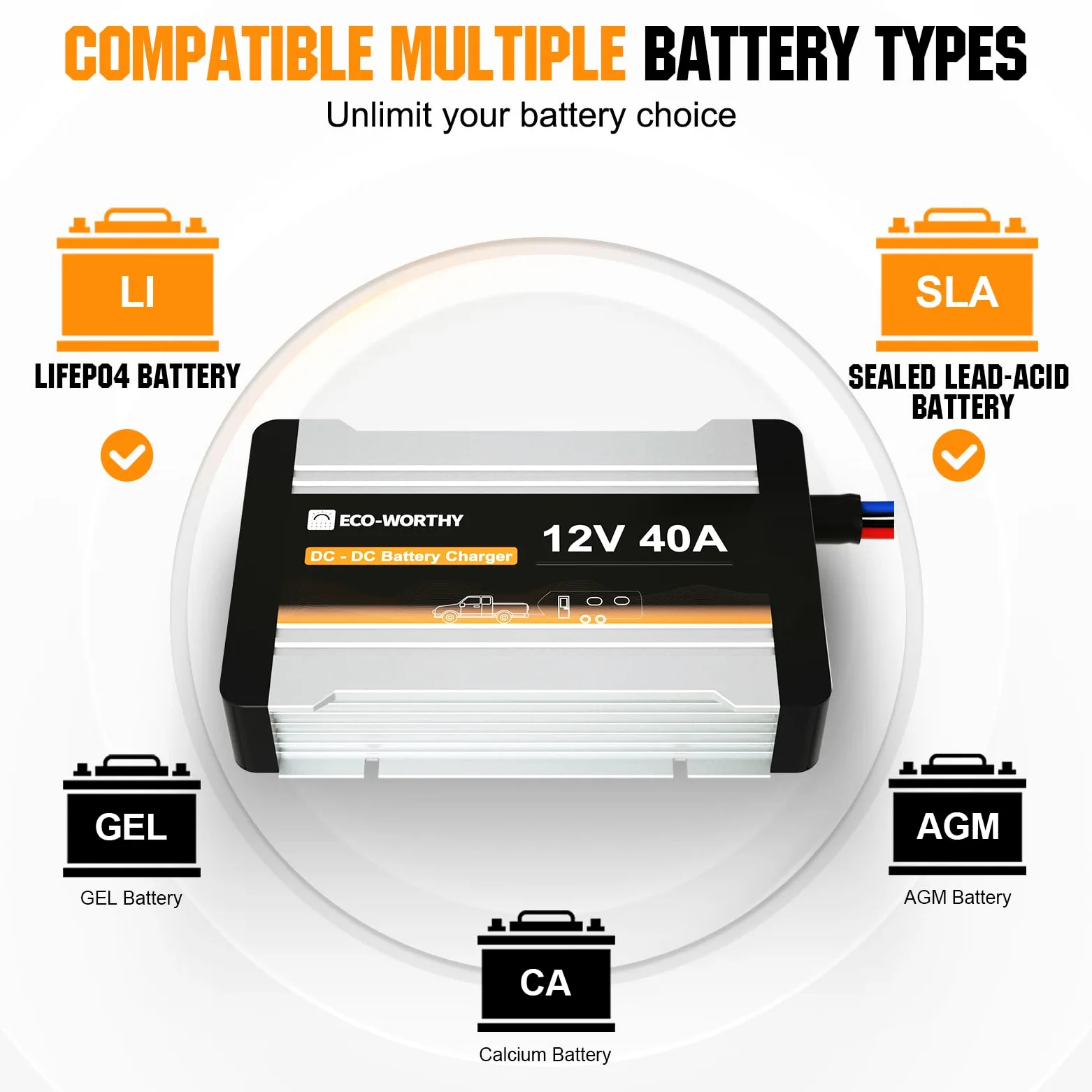 ECO-WORTHY Cargador de batería 12 V 40 A CC a CC con cargador solar MPPT de LiFePO4, carga multietapa para alternador de panel solar en remolques de caravanas