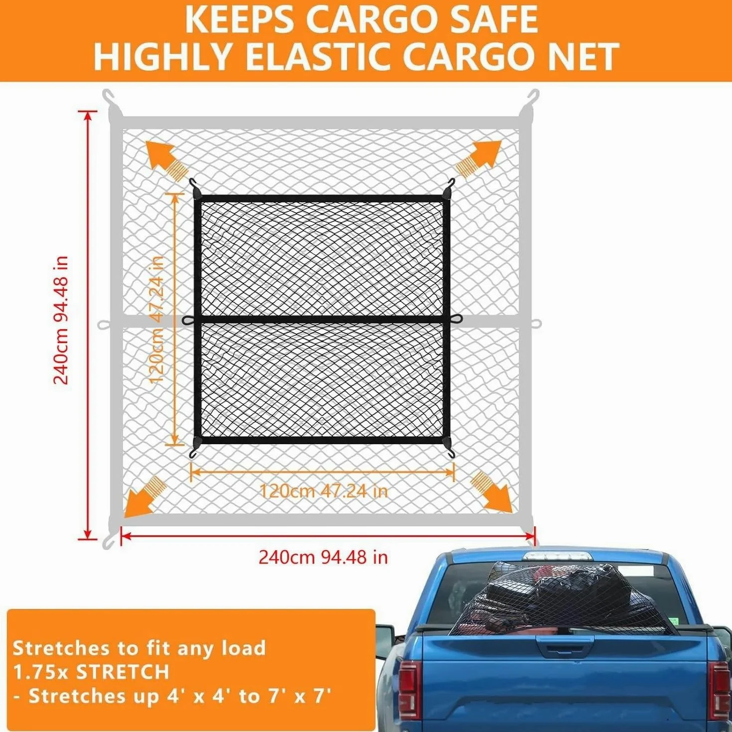 Red de Almacenamiento Red De Carga Elástica De 120 X 120 Cm Organizador De Malla para Caja Camioneta Ideal para Camionetas Ligeras Uso Diario Red Elástica Maletero