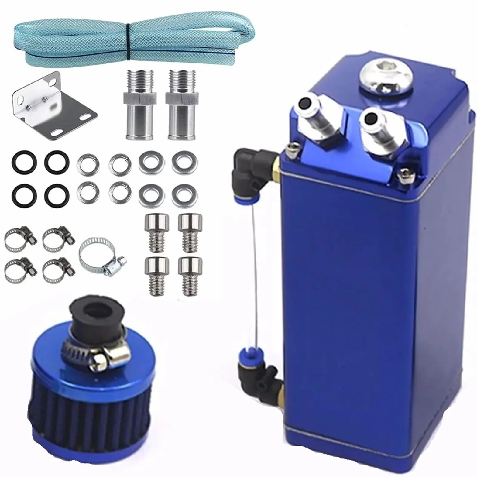 Lata de captura aceite con forma motor coche, depósito tanque aluminio cuadrado 2 puertos filtro aire y accesorios manguera silicona Depósito de refrigeración(A)