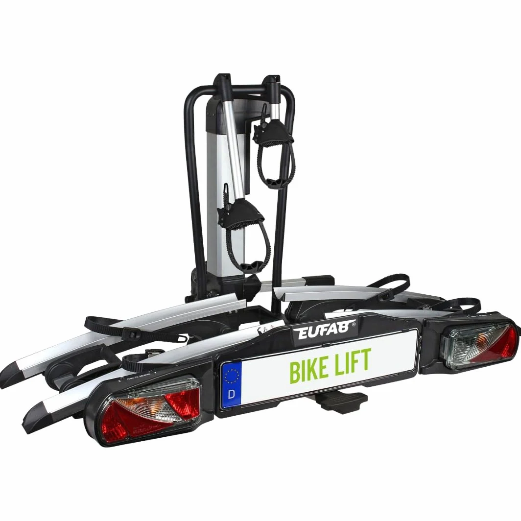 EUFAB Portabicicletas 11554 Bike Lift, Apto para Bicicleta eléctrica, Totalmente premontado, Descenso eléctrico, antirrobo, para 2 Bicicletas, para Enganche de Remolque, 2025 con Soportes de Marco de