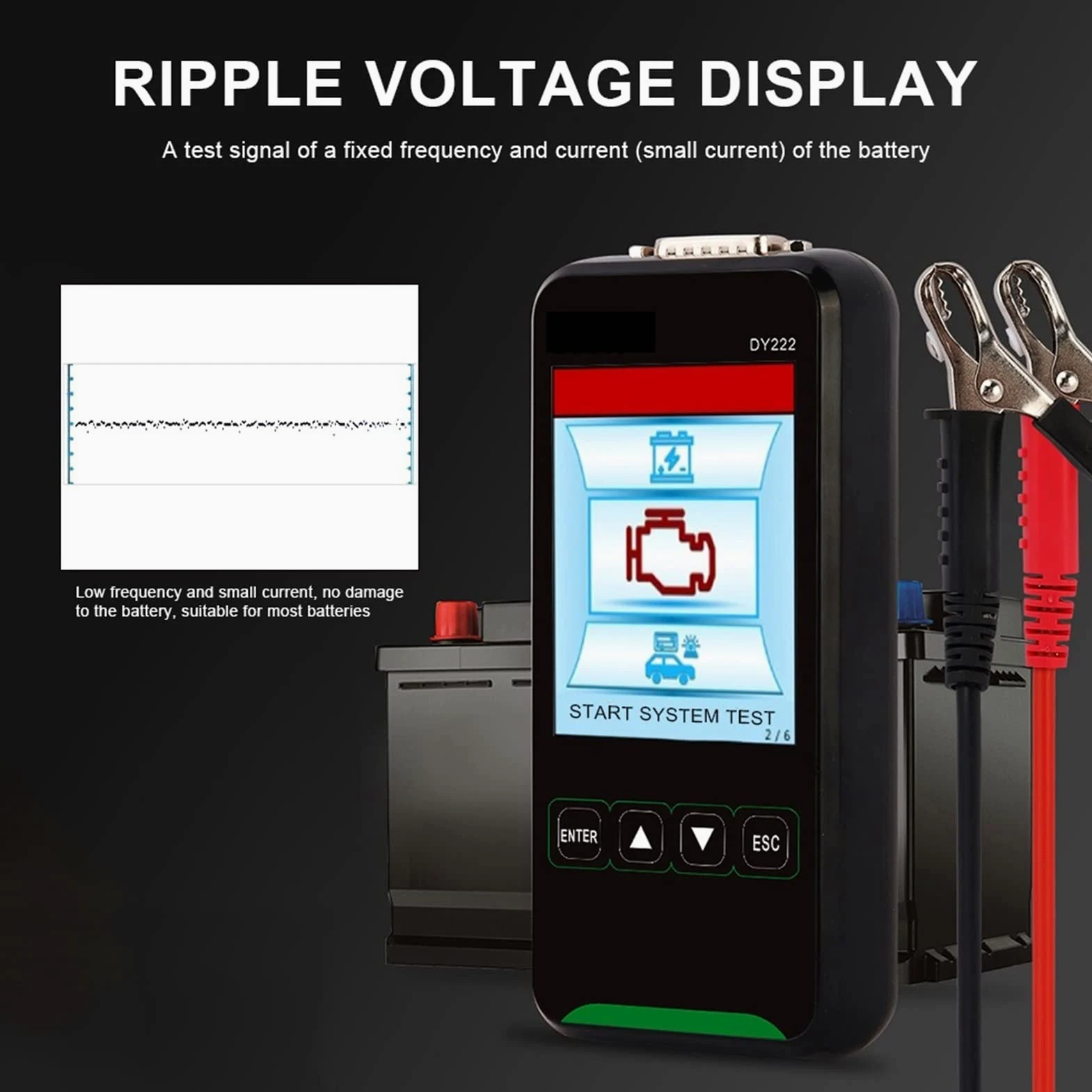 Comprobador de baterias de Coche DY222 12V / 24V Tester de Carga de la batería de automóviles Multifuncional Batería Salud de Salud Sistema de batería automotriz Sistema de batería Accesorios