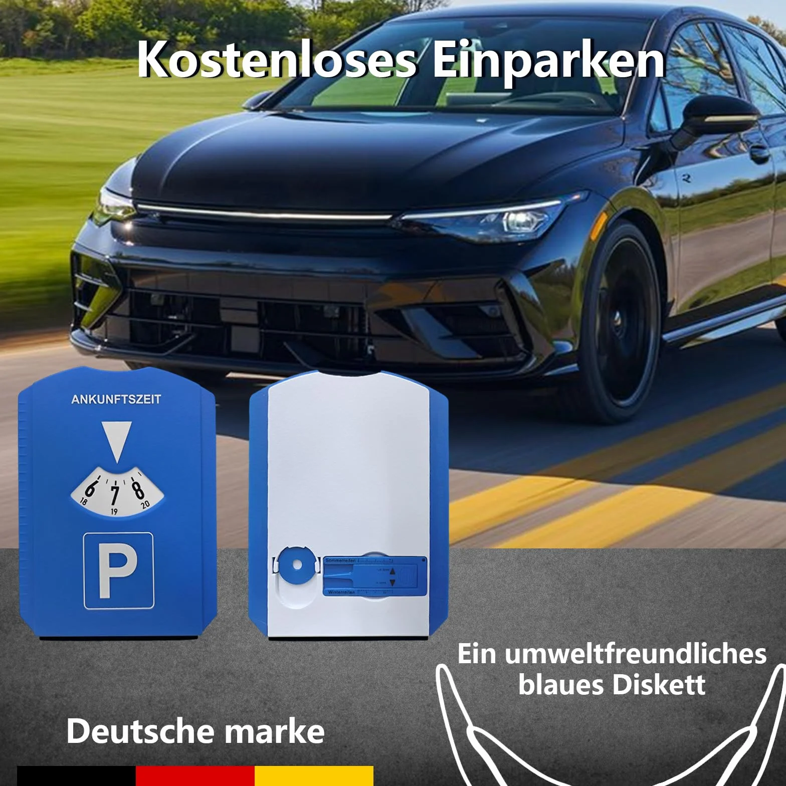 kinoco Parkscheibe mit Eiskratzer - 2 in 1 Parkuhr für Auto und Motorrad INKL. Reifenprofilmesser + Einkaufswagen-Chip | Winter Eiskratzer & Profiltiefenmesser