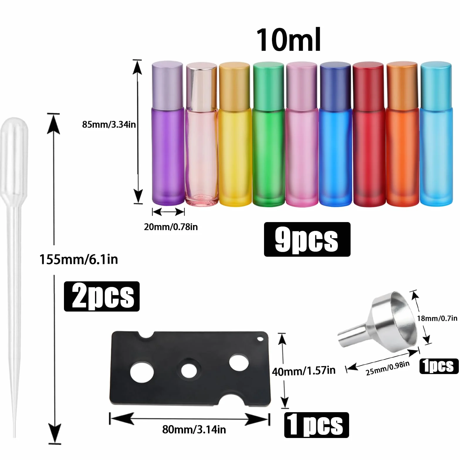 Juego de 9 botellas de cristal de 10 ml para aceite esencial con rodillo de acero inoxidable