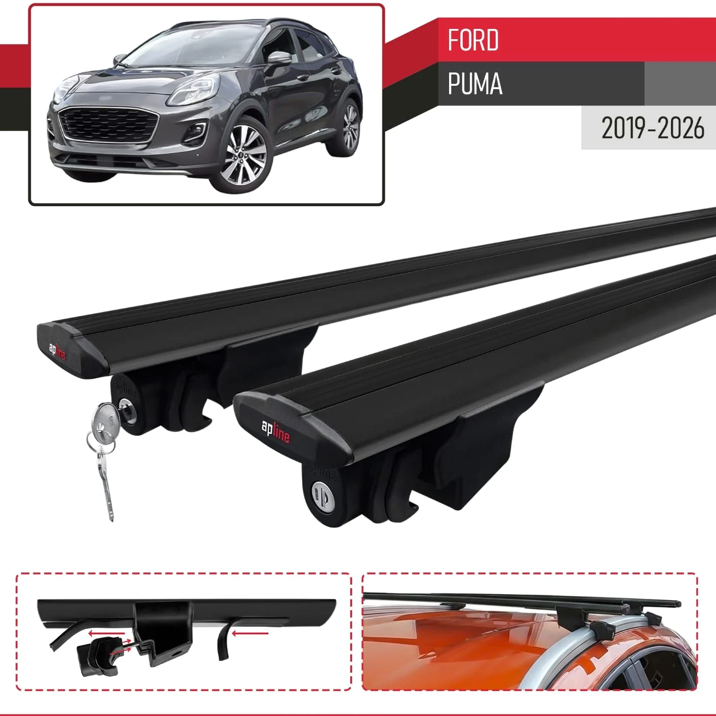 Compatible con Ford Puma 2019-2026 Modelo Hook Barra de Techo Auto Portaequipajes Barras Transversales Negro Aluminio 2 Barras
