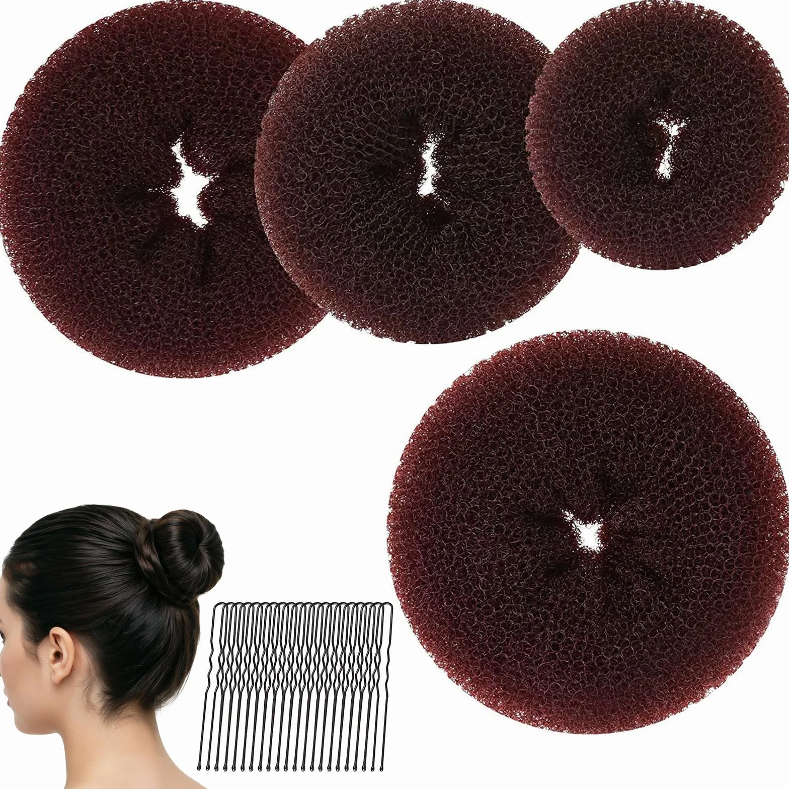 Donut Moño 4 Piezas con 20 Horquillas en Forma de U, Accesorios de Peinado Kit, para Bailarines Niñas y Mujeres (Marrón)