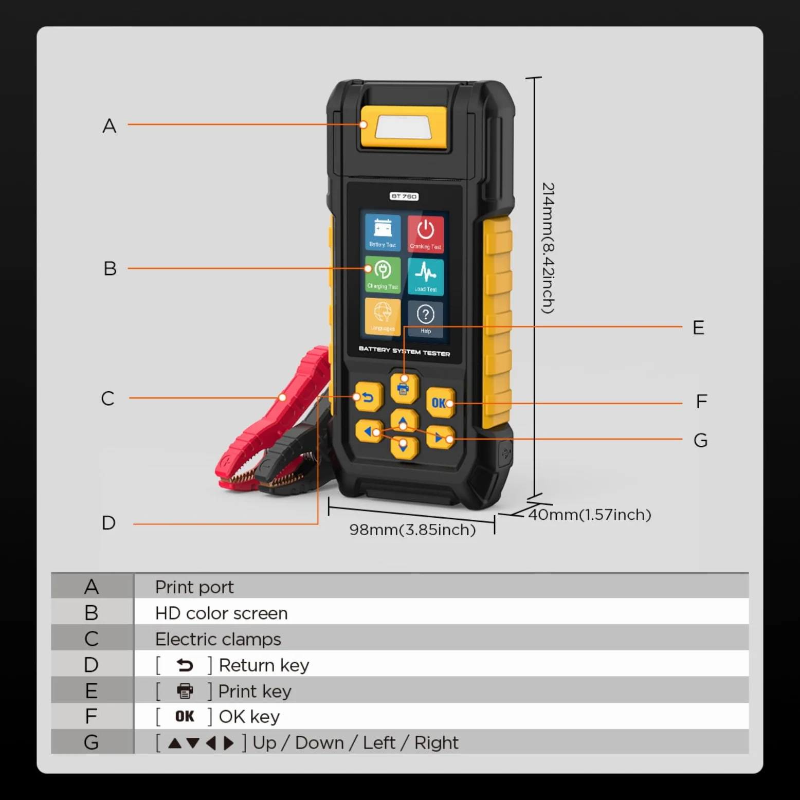 Analizador de batería BT760 30-2000 CCA Prueba de batería/carga/carga/arranque para vehículos de 8-32 V HD-Vans Camiones Motocicletas Impresora incorporada con 3 rollos de papel de impresora 14