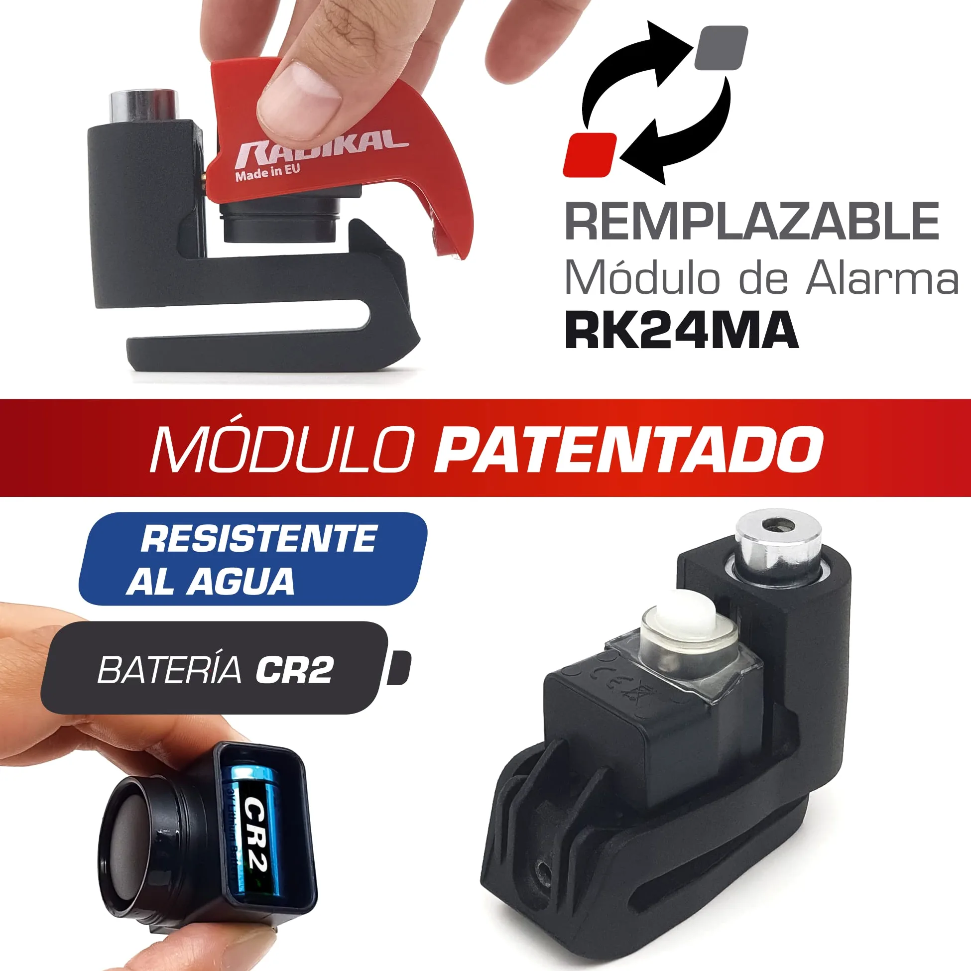 RADIKAL RK6 Candado Moto Disco Alarma 120db, Boton ON, Warning Avisador, Módulo Remplazable Impermeable, Pila CR2 Larga Duración, Antirrobo Pinza Freno Universal para Motos Scooter Bicicleta Patinete